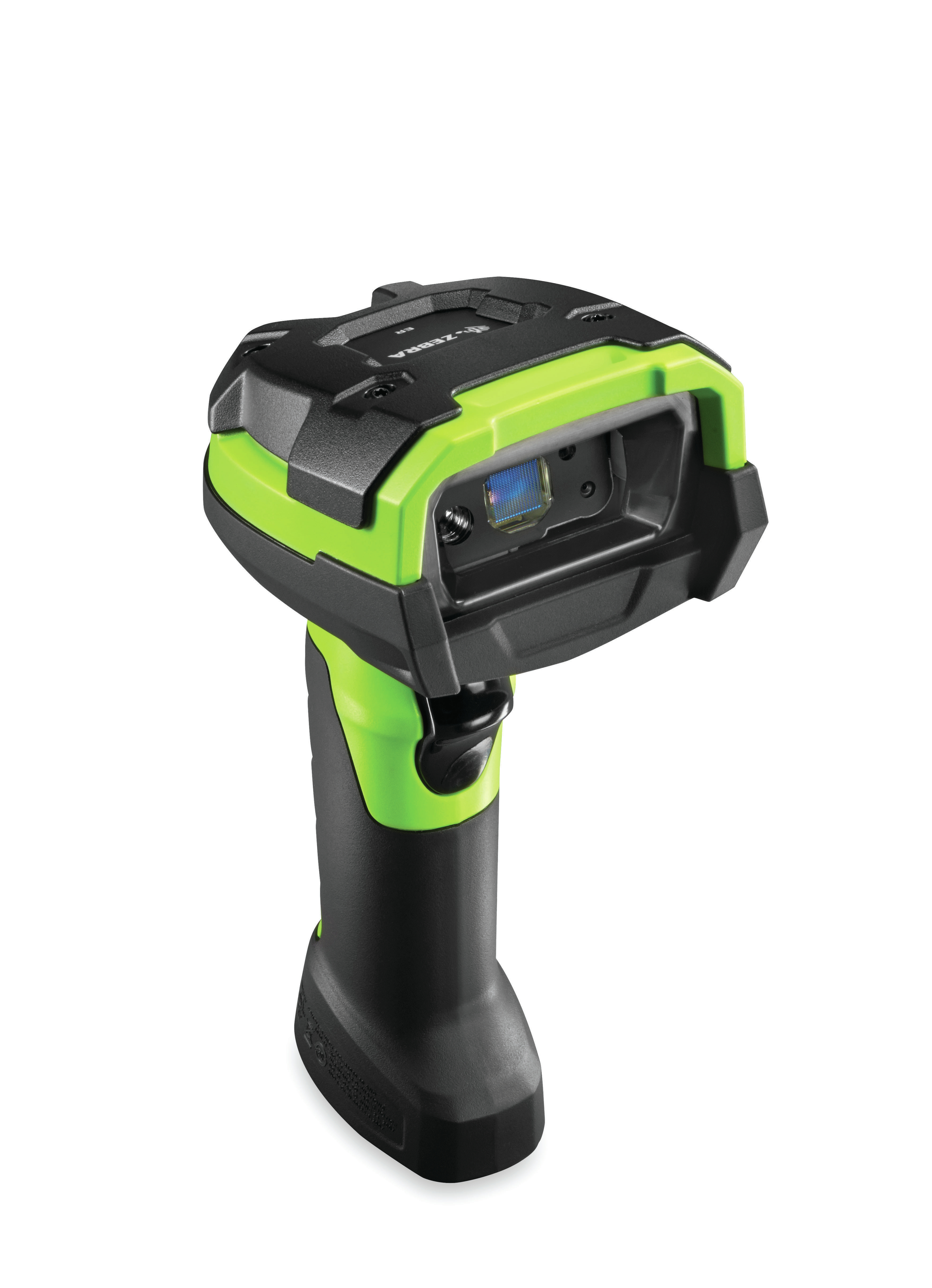 Uno scanner di codici a barre portatile nero e verde su sfondo bianco.