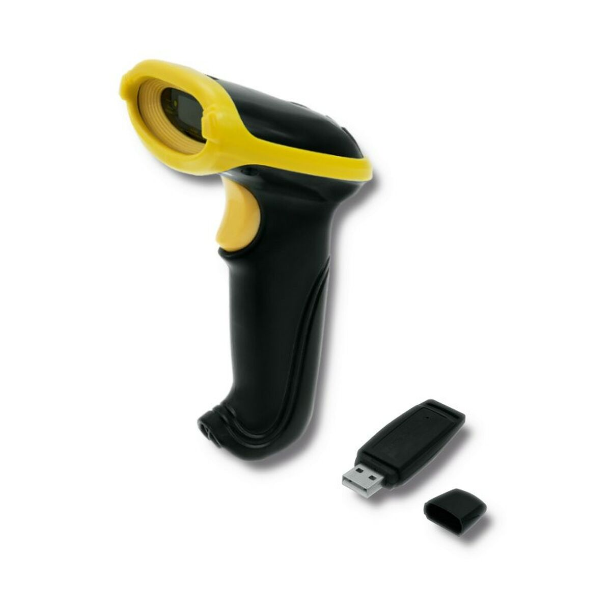 Uno scanner di codici a barre nero e giallo e una chiavetta USB con un cappuccio.