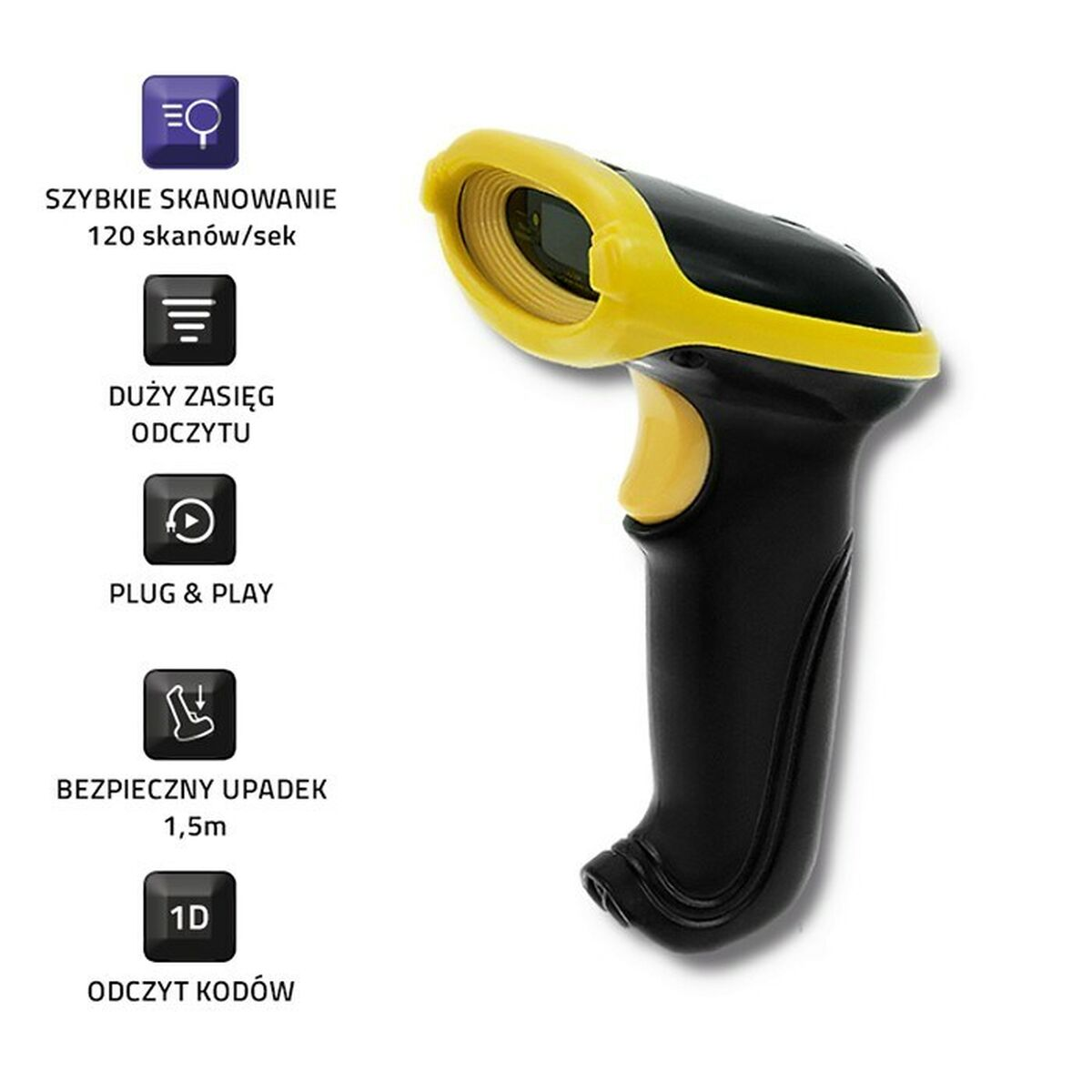 Scanner per codici a barre nero e giallo. Le icone laterali indicano scansione rapida, lunga portata, plug & play e resistenza agli urti.