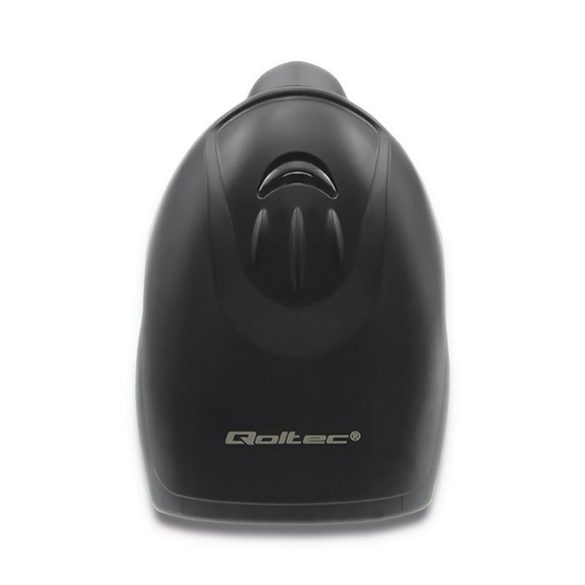 Uno scanner nero visto dall'alto su una superficie bianca, con il logo 'Qoltec'.