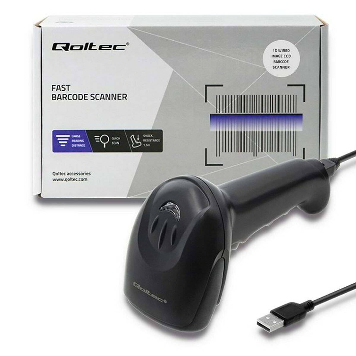 Uno scanner di codici a barre nero, una scatola e un cavo USB su una superficie bianca.