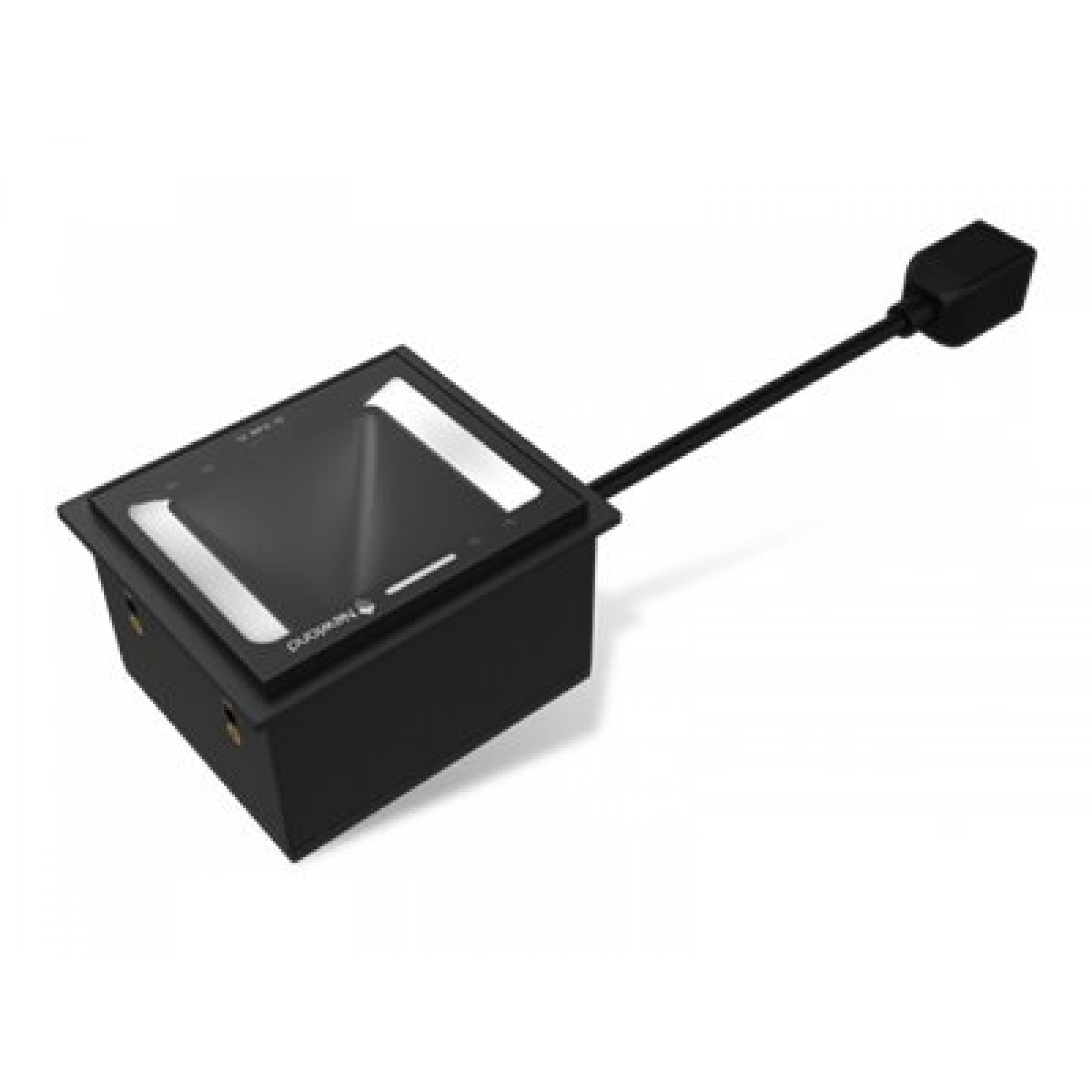 Uno scanner di codici a barre nero con un lungo cavo su una superficie bianca.