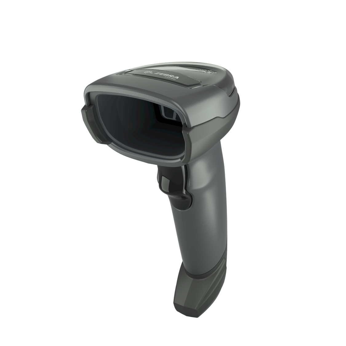 Uno scanner di codici a barre grigio è visto da un'angolazione prospettica, su una superficie bianca.