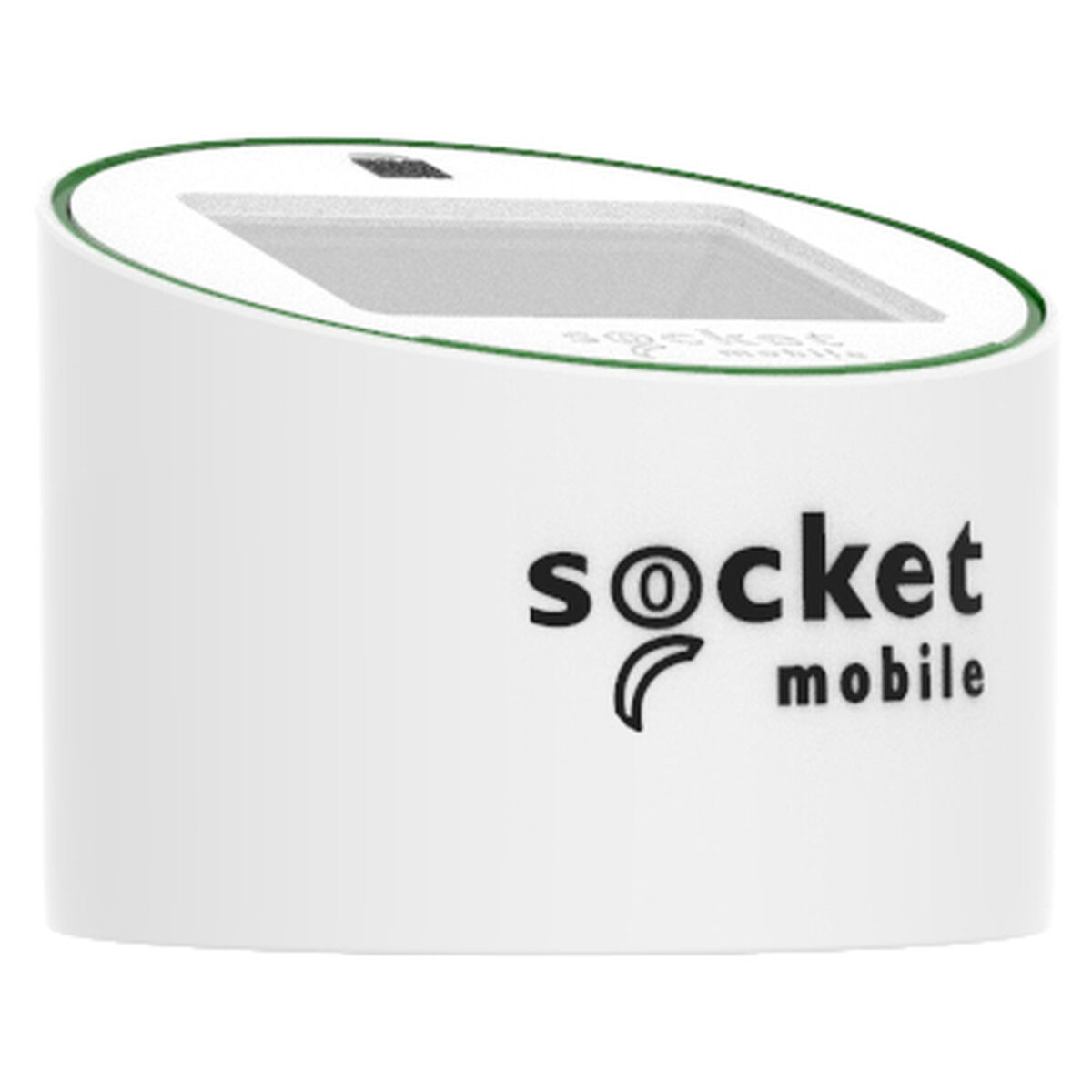 Un dispositivo 'socket mobile' bianco con schermo e dettagli verdi su una superficie bianca.
