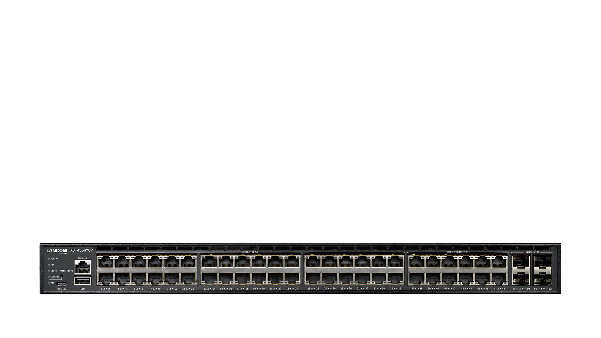 Uno switch di rete con molte porte. È nero con sfondo bianco. La parola LANCOM è visibile.