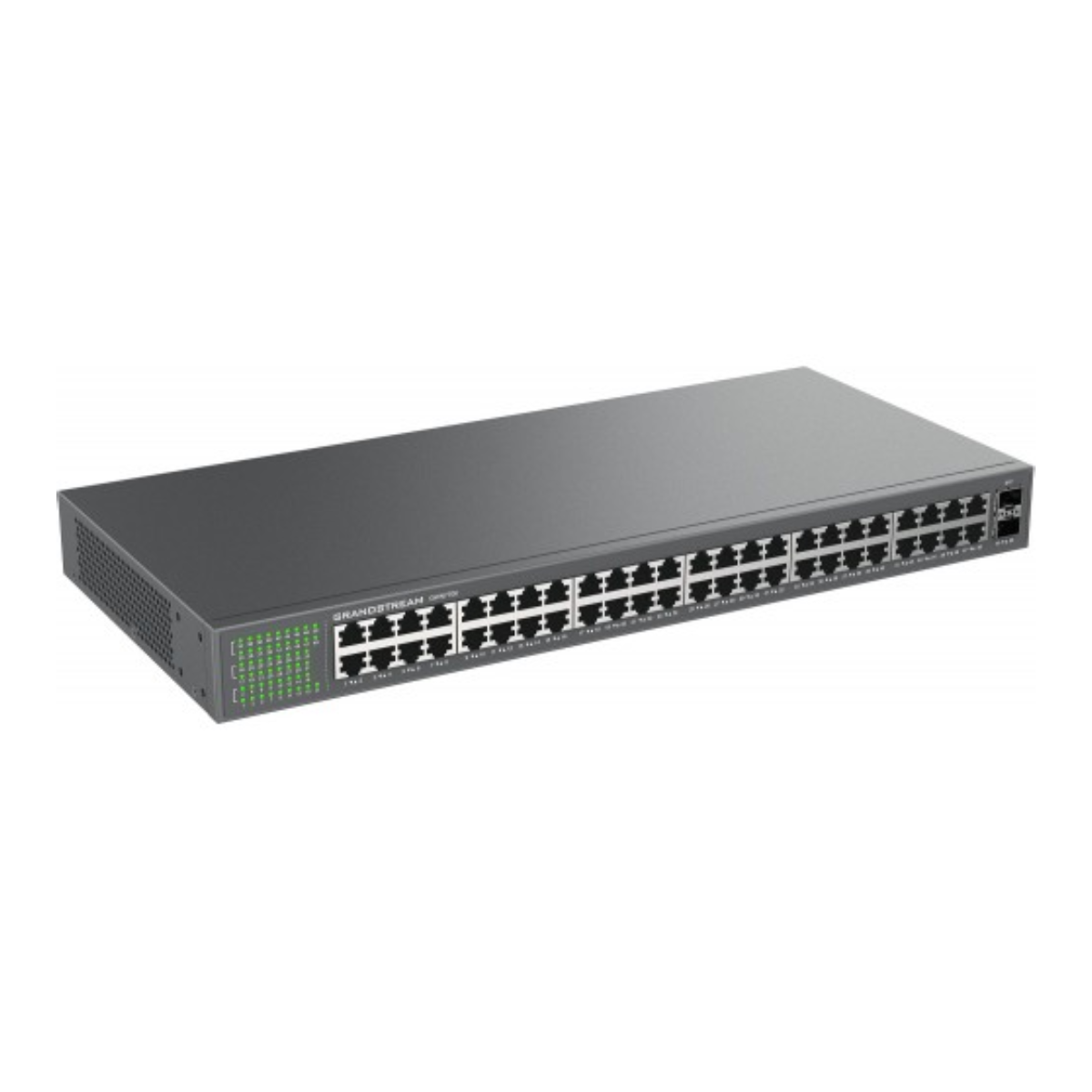 Switch Ethernet grigio, più porte, sfondo bianco.