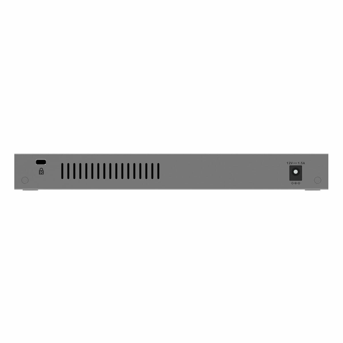 Graues Netzwerk-Switch-Gerät mit mehreren Anschlüssen und einem Stromeingang. Das Gerät befindet sich auf weißem Hintergrund.