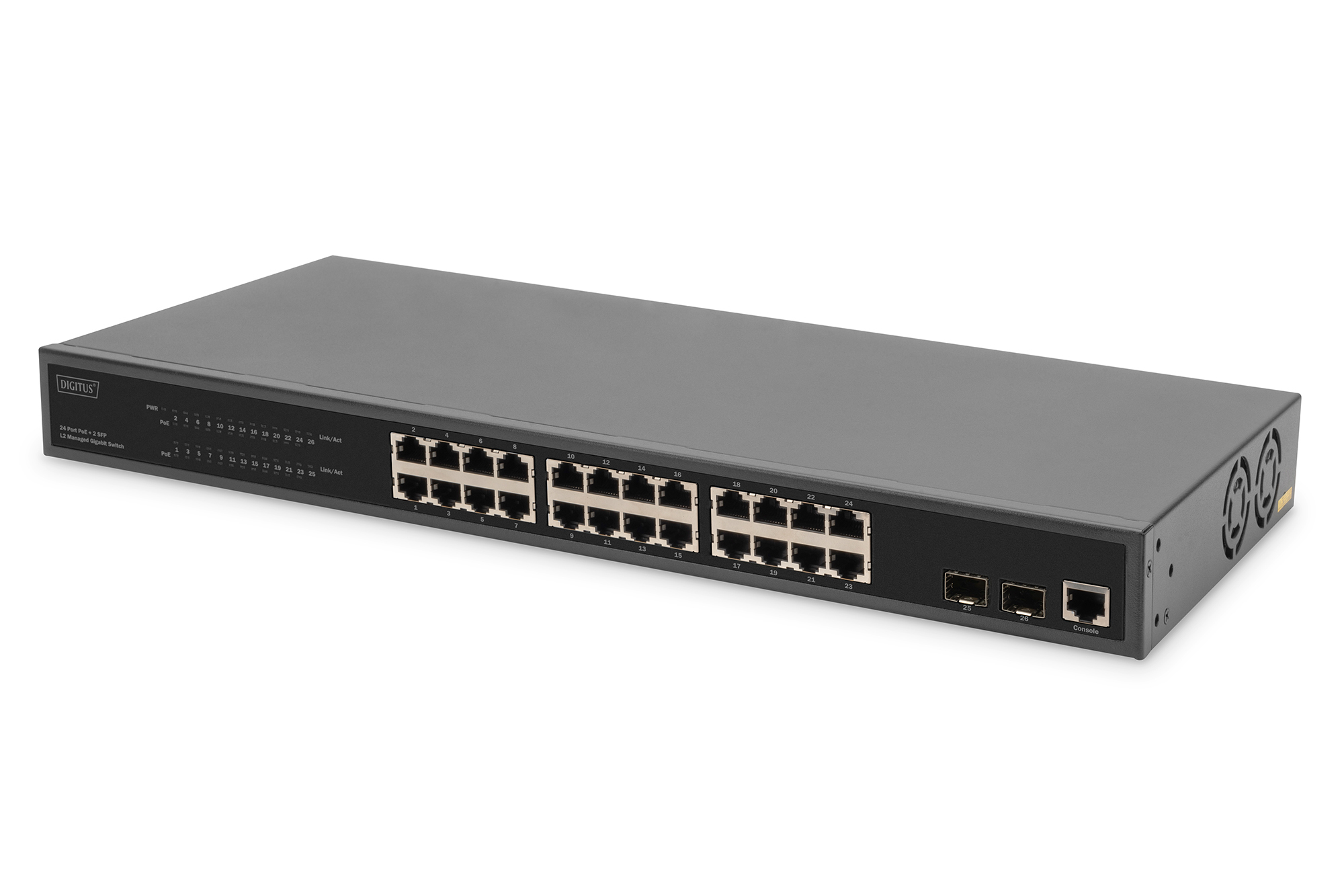 Switch di rete nero con 24 porte etichettate 1-24 e sfondo bianco.