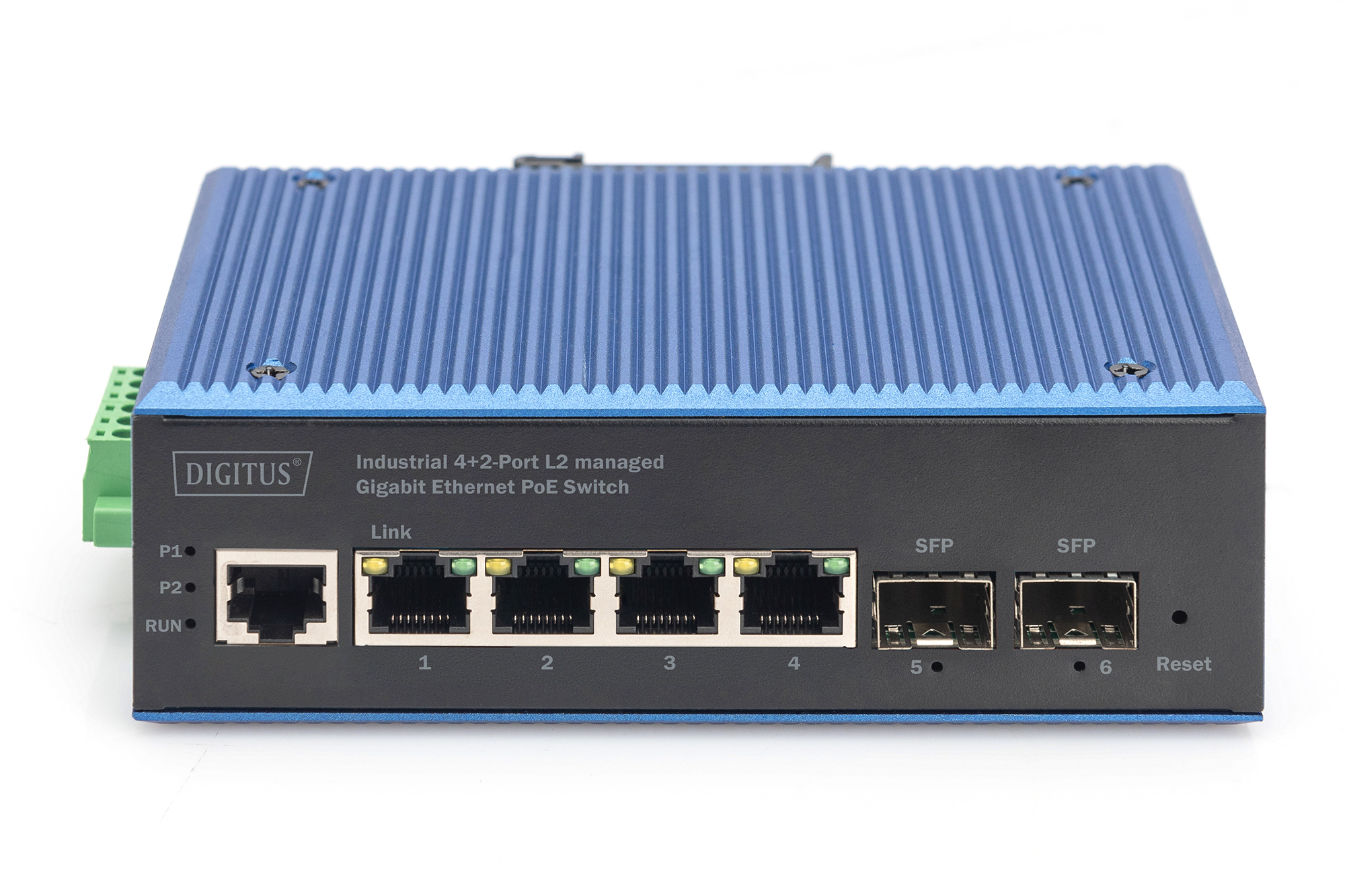Switch Ethernet blu e nero con porte e testo, sfondo bianco.