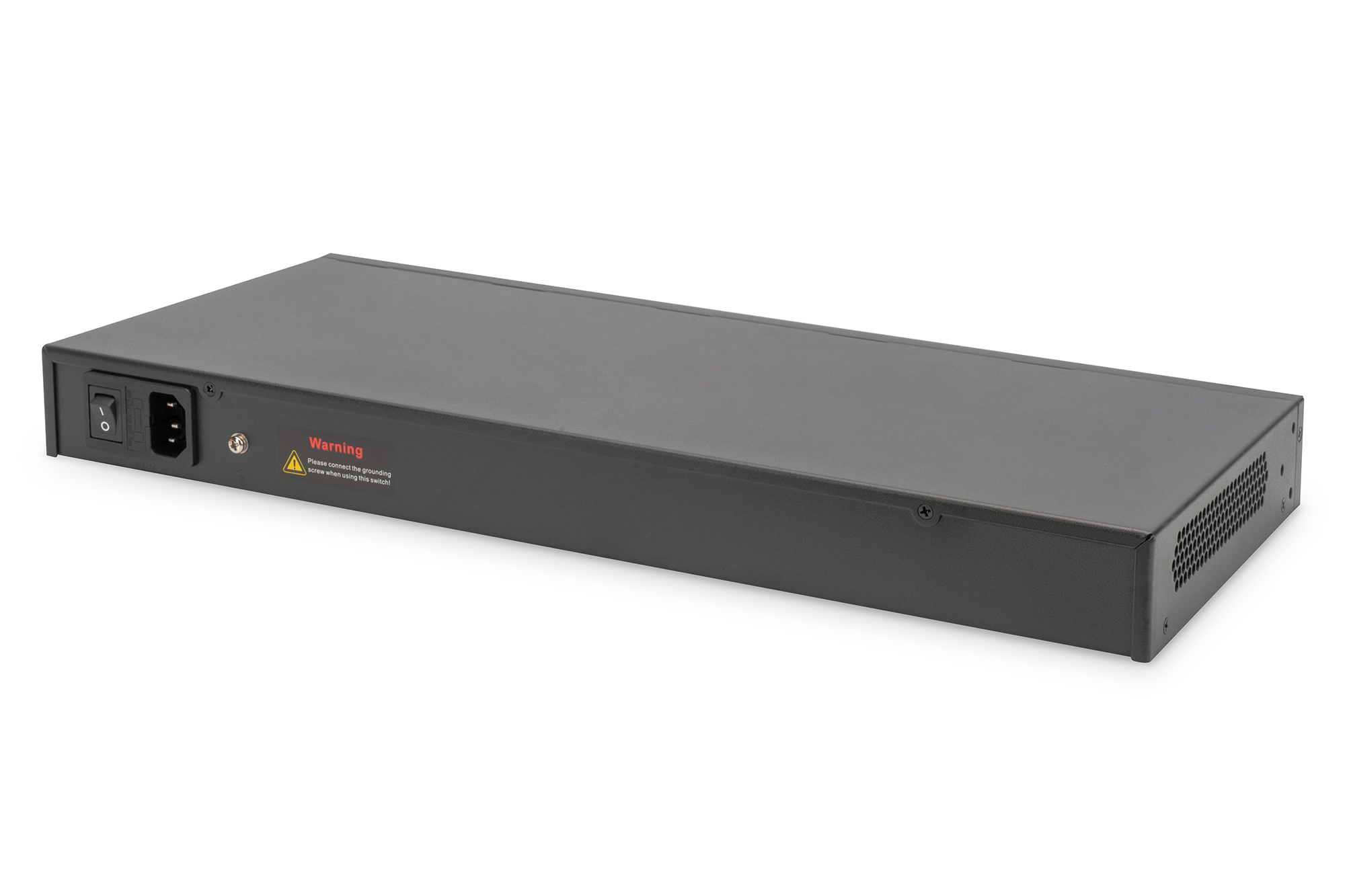 Switch Ethernet nero, vista posteriore con porte e alimentazione, sfondo bianco.