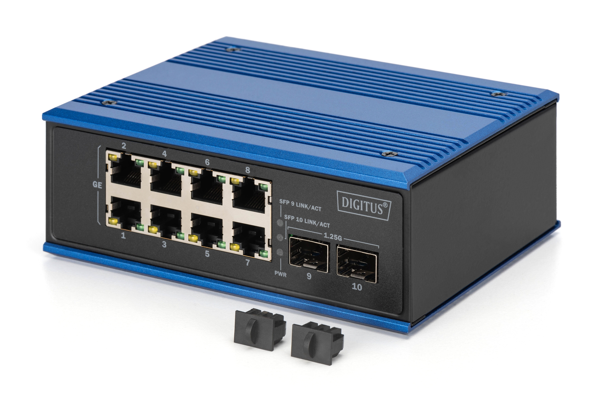 Switch di rete blu con 10 porte, marca Digitus, su superficie bianca.