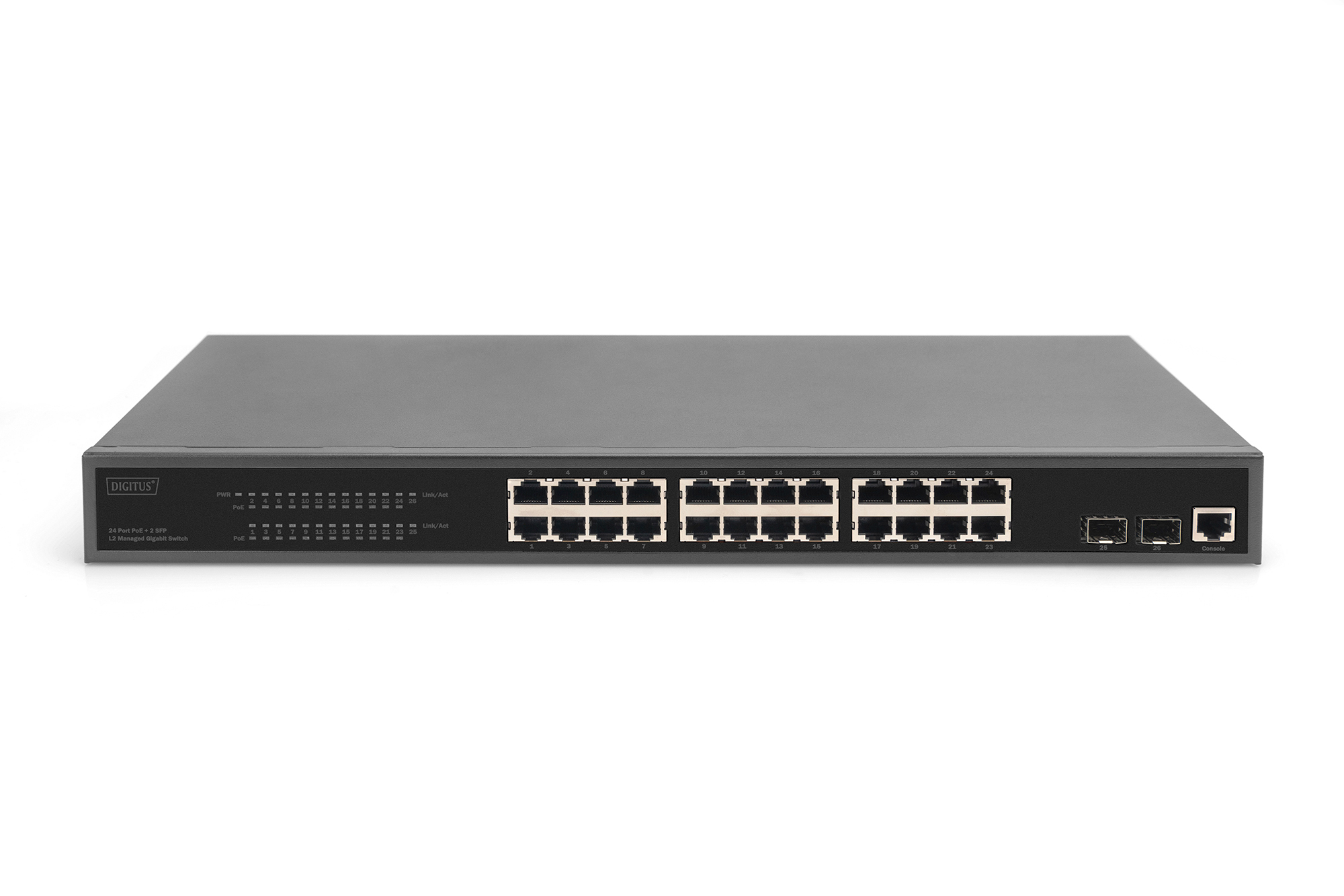 Switch di rete nero con più porte etichettate 1-24. Sfondo bianco.
