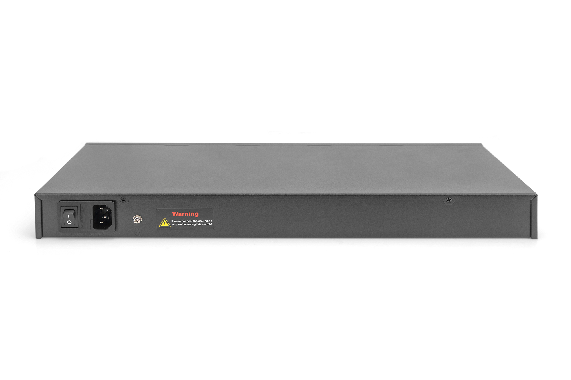 Switch Ethernet nero, vista posteriore con porta di alimentazione e avviso, sfondo bianco.
