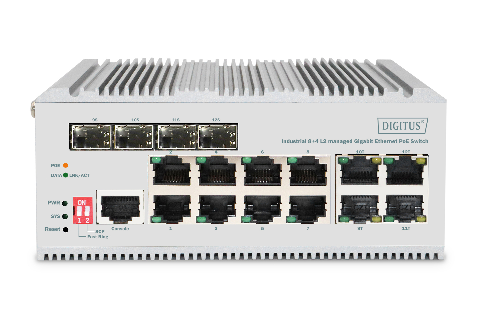 Switch di rete argento e grigio con più porte, marca Digitus, su sfondo bianco.