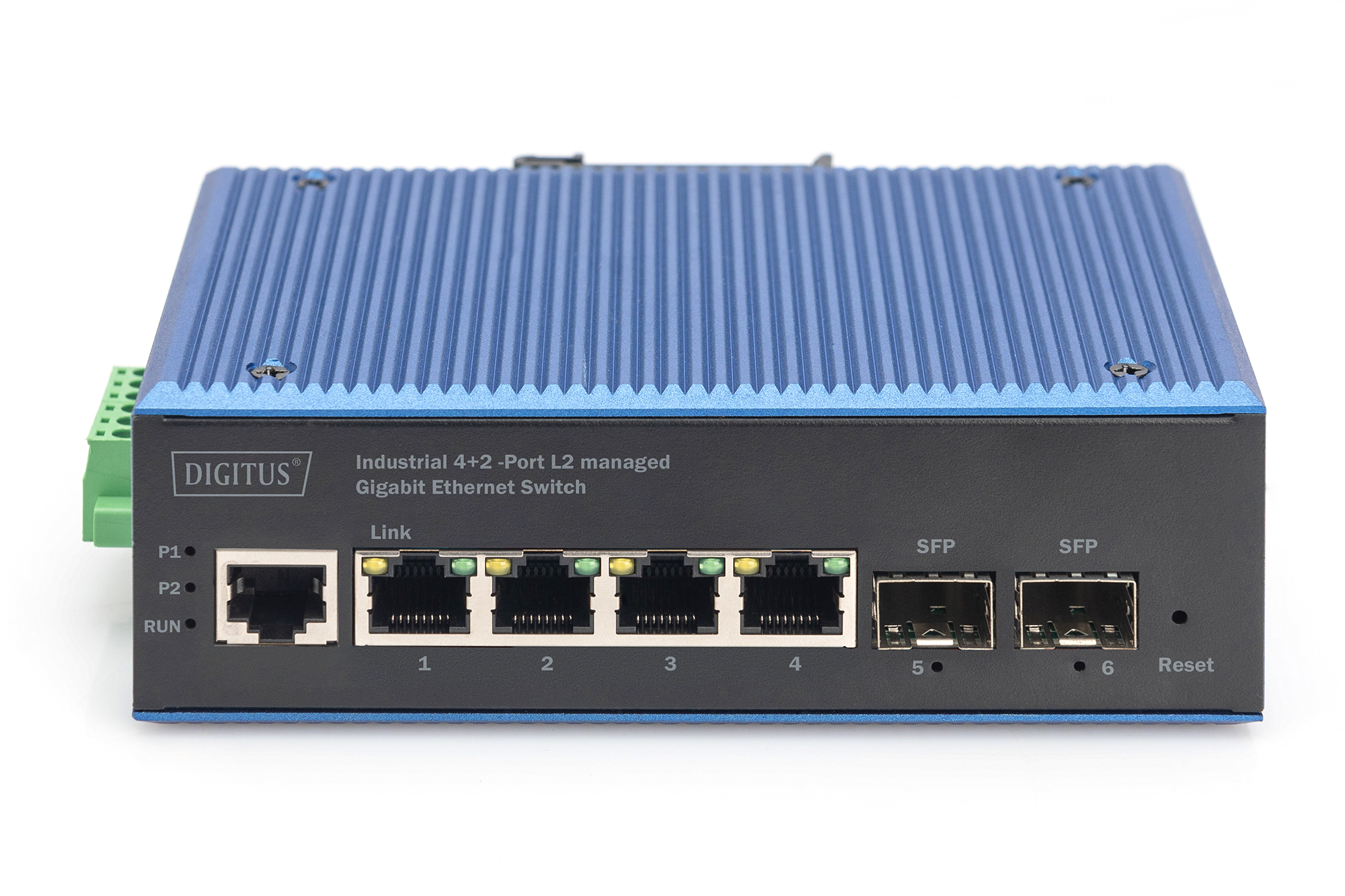 Switch Ethernet blu e nero, etichettato Digitus, sei porte. Sfondo bianco.