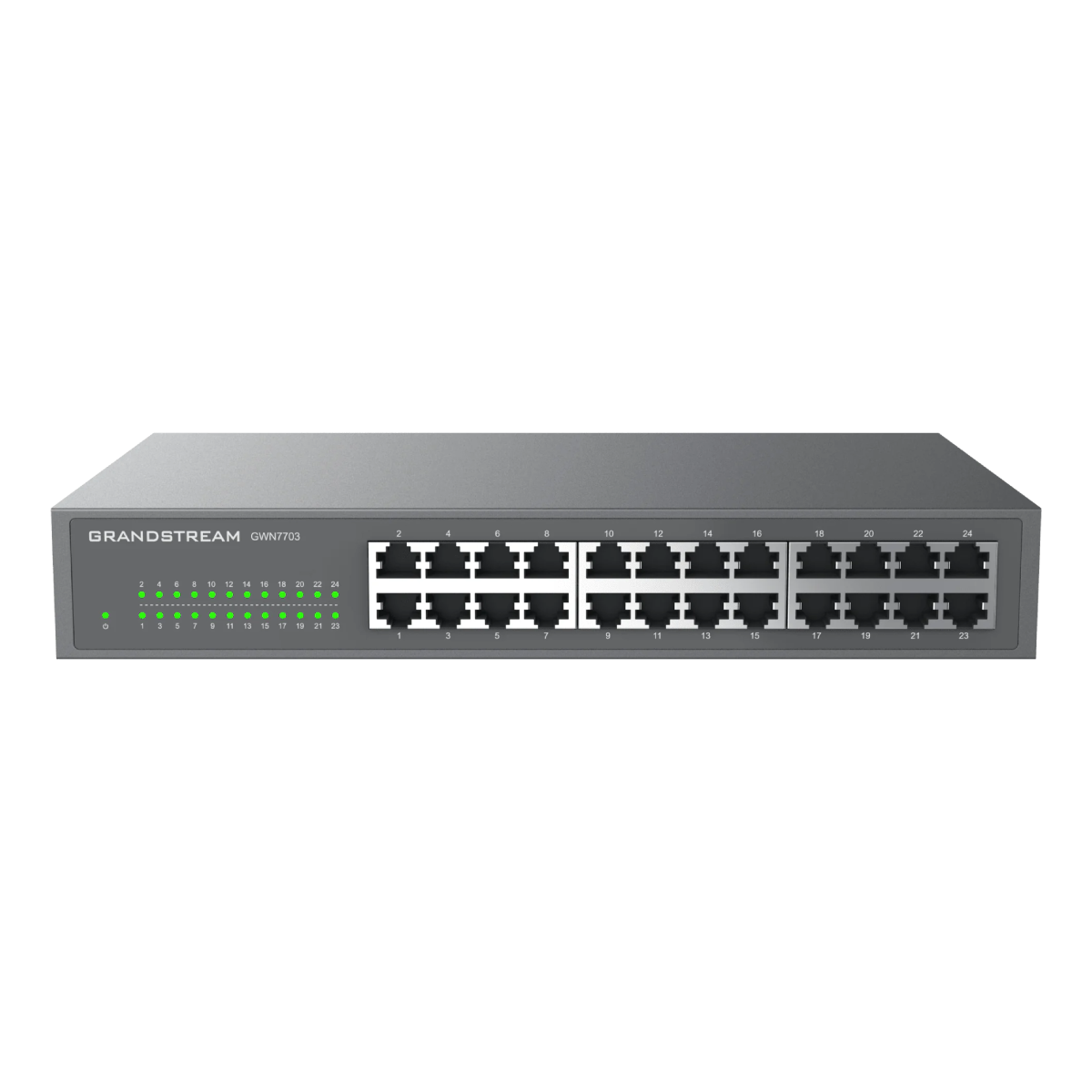 Switch Grandstream grigio con molte porte, etichettato Grandstream. Sfondo bianco.