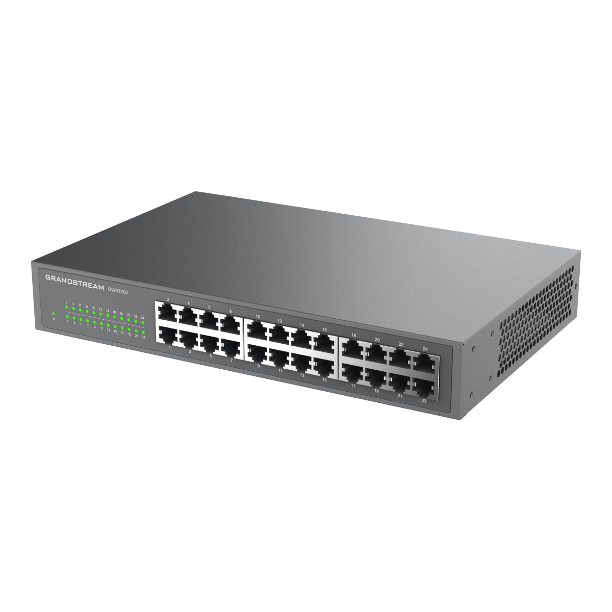 Switch Grandstream grigio con molte porte, etichettato Grandstream. Sfondo bianco.