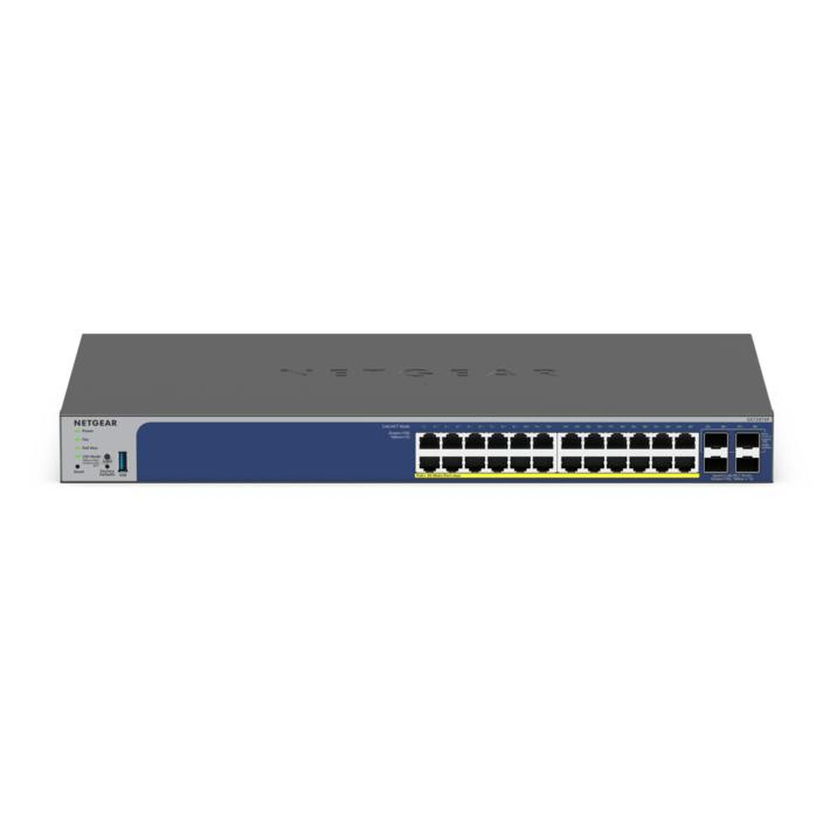 Netgear-Switch mit vielen Anschlüssen, beschriftet Netgear. Weißer Hintergrund.