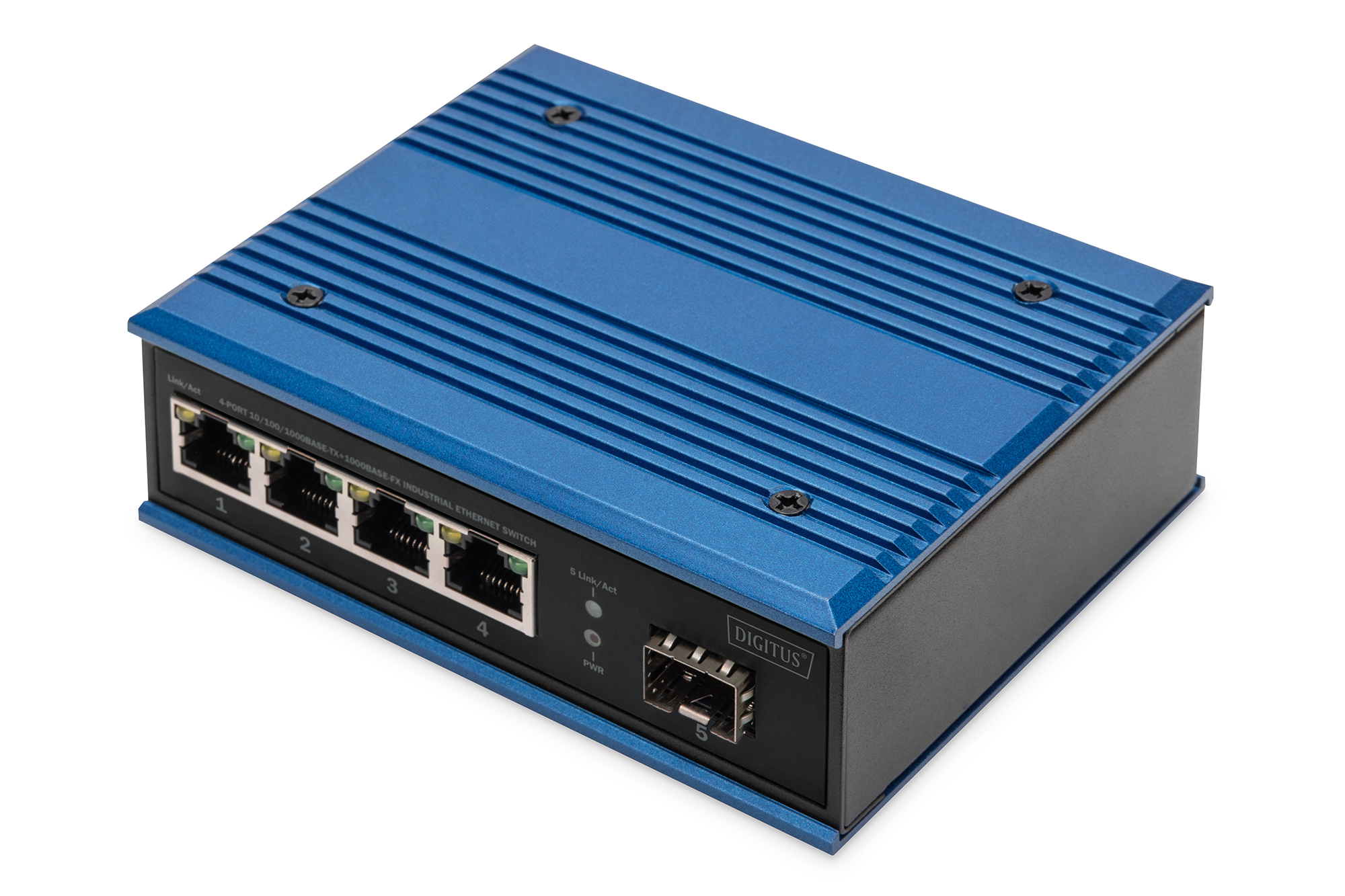 Switch Ethernet blu con porte, frontale nero. Isolato su sfondo bianco.
