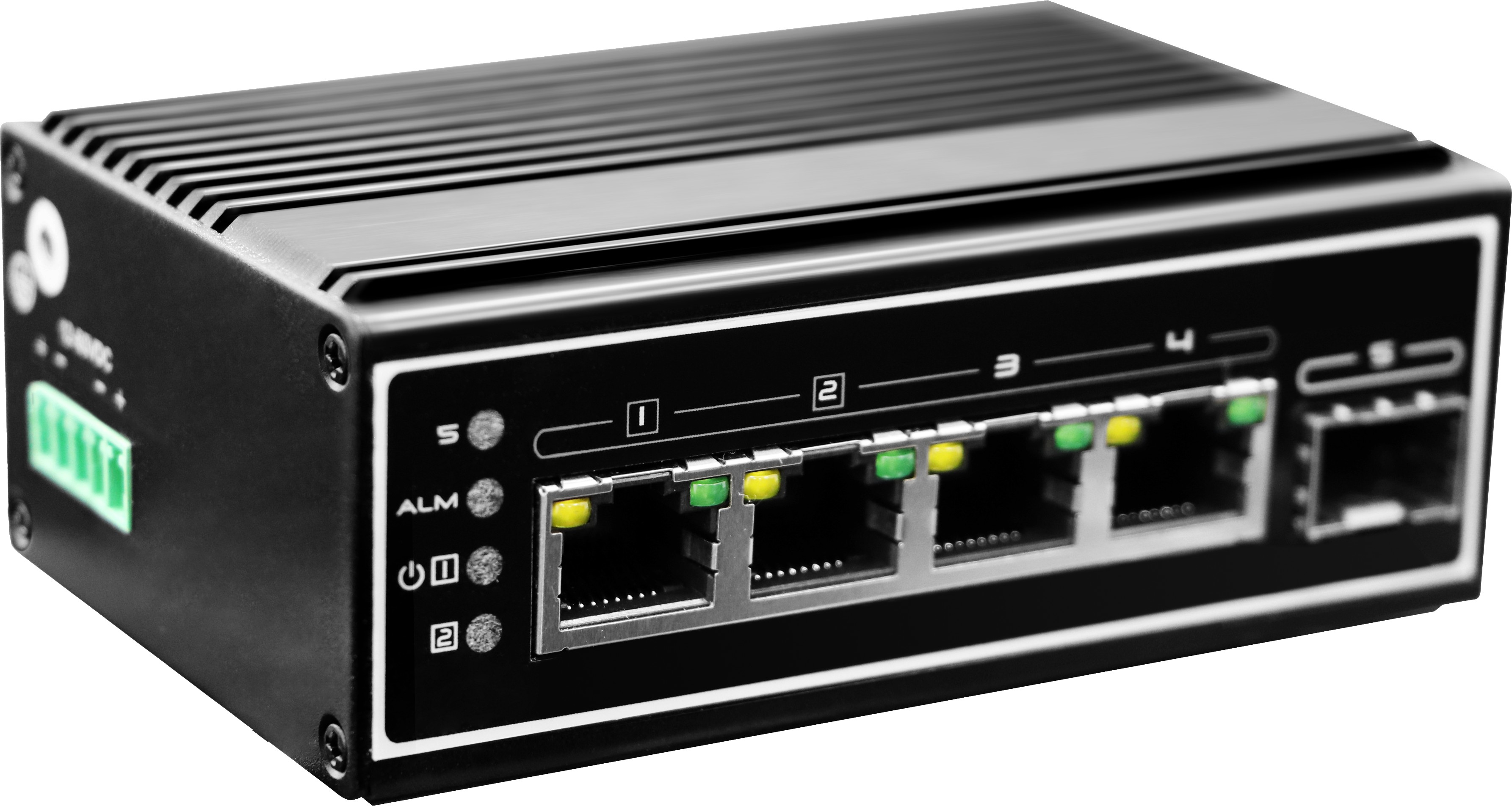 Switch Ethernet nero con 4 porte, luci verdi e gialle. Sfondo bianco.