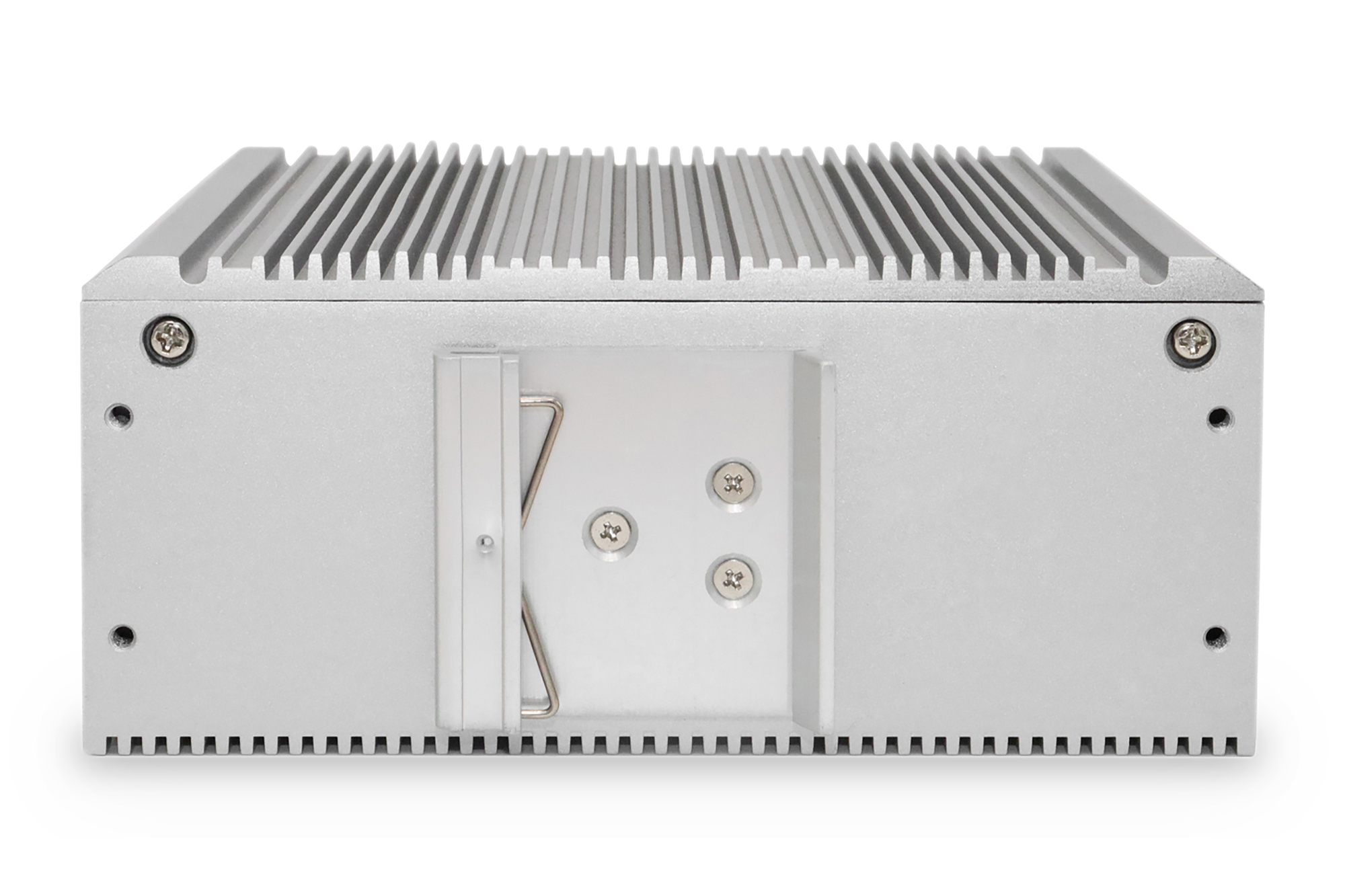 Case per computer argentato con parte superiore a coste e pannello bianco laterale.