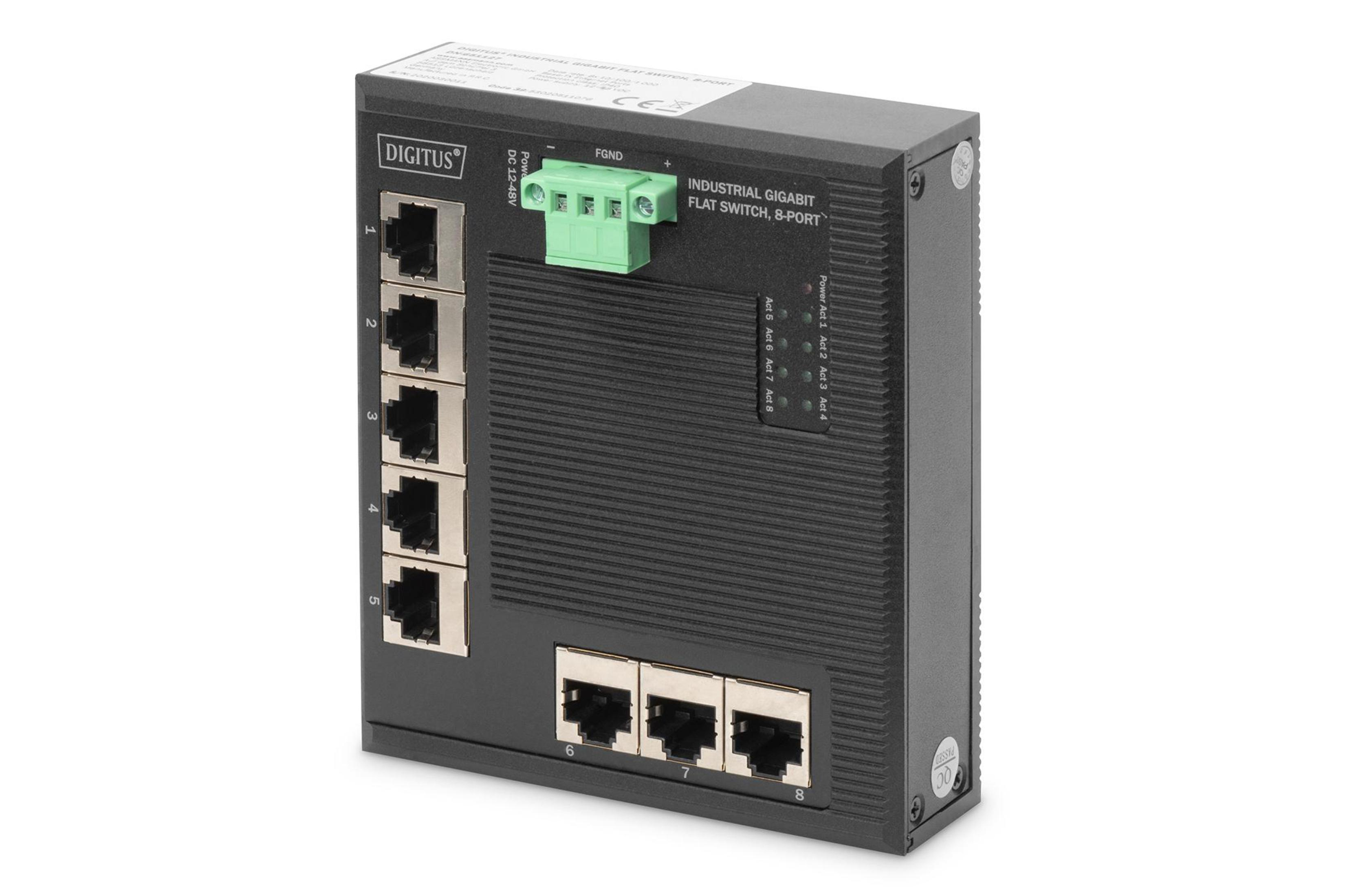 Switch Ethernet Digitus nero con porte. Isolato su sfondo bianco.