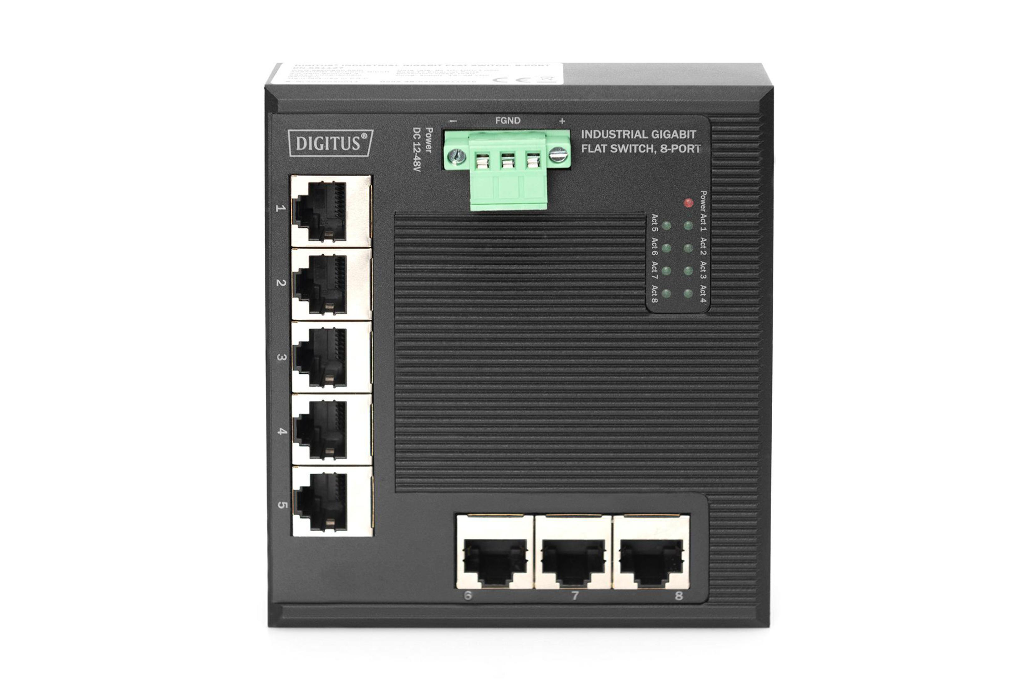Switch industriale nero a 8 porte, marchio Digitus. Le porte sono visibili frontalmente.