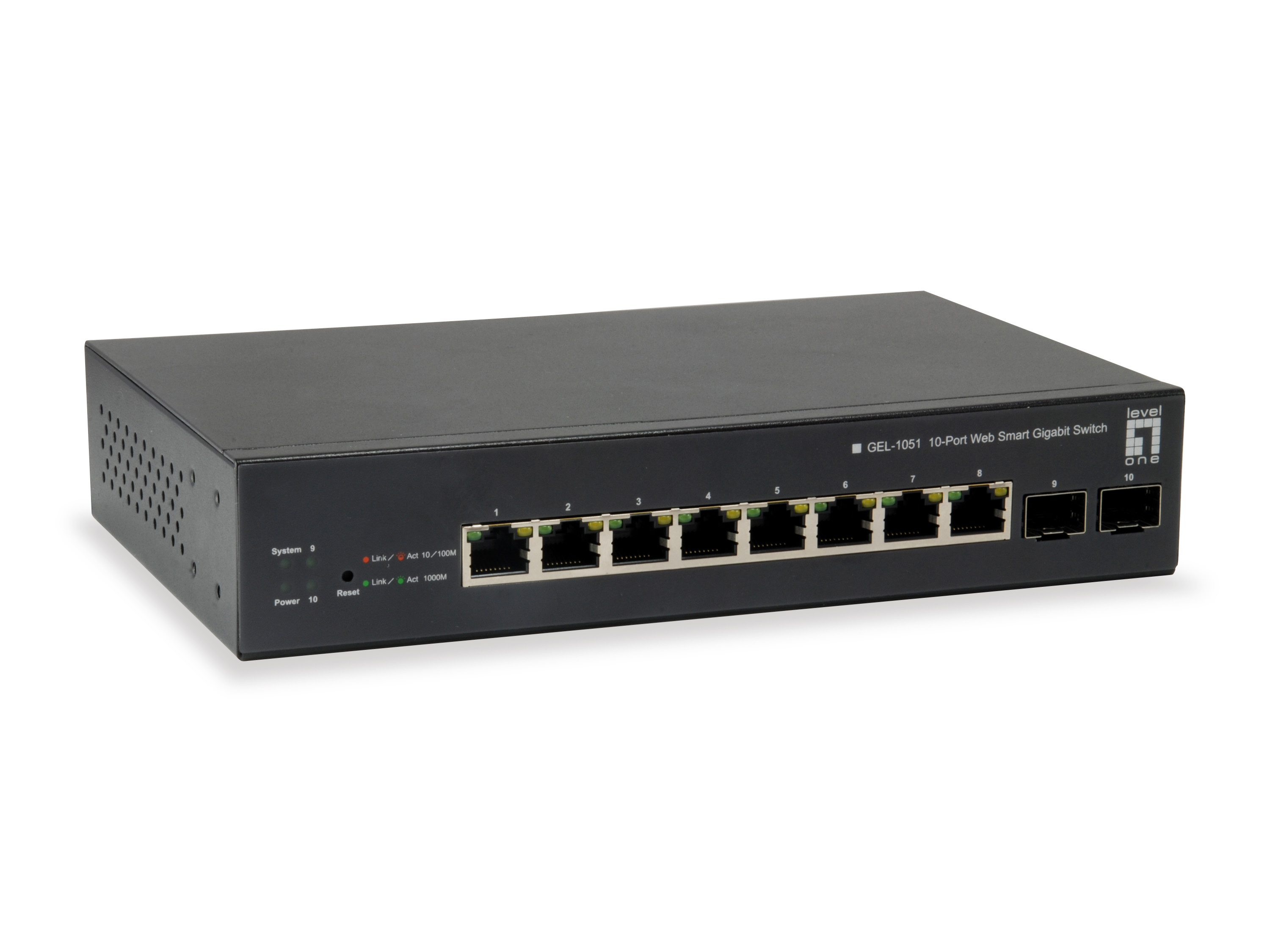 Switch di rete nero a 10 porte con più porte e spie luminose. Sfondo bianco.