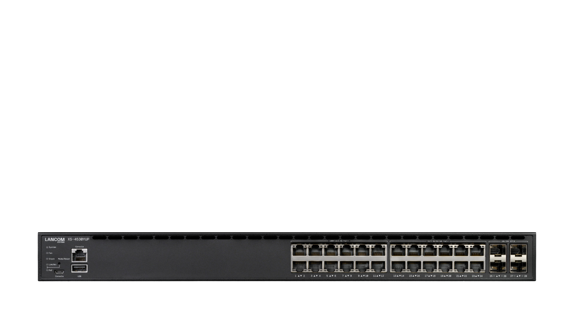 Switch di rete nero con più porte. Marchio in alto. Il dispositivo ha luci.