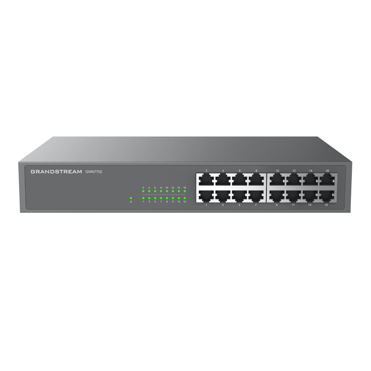 Switch di rete grigio con 16 porte e spie luminose su sfondo bianco. Il marchio è Grandstream.