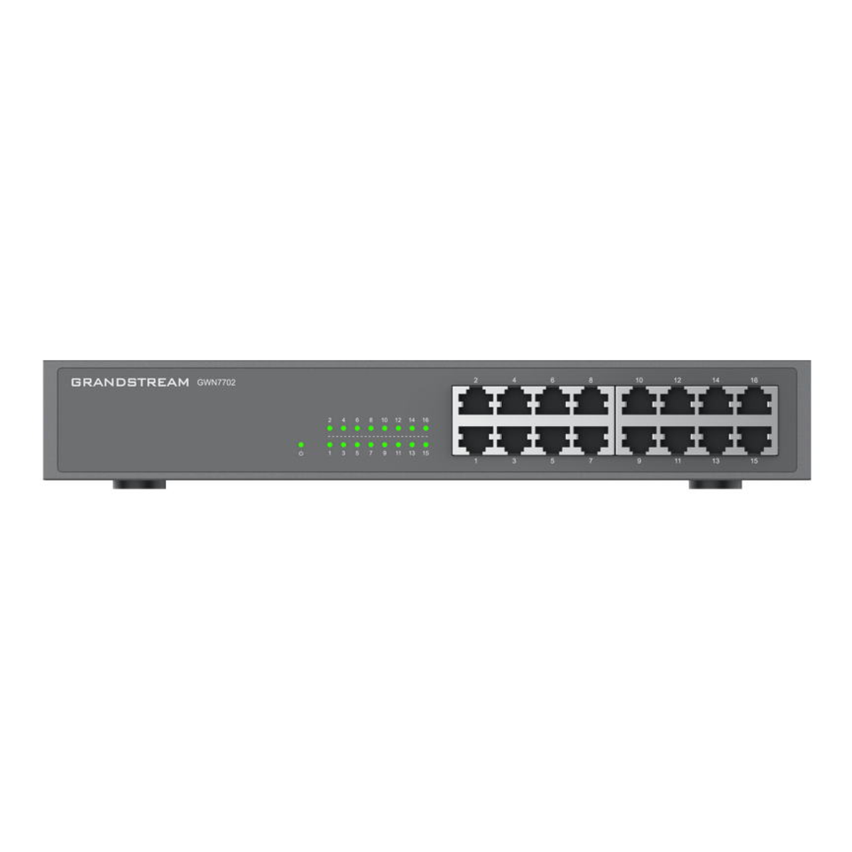 Switch di rete grigio con 16 porte su sfondo bianco. Il marchio è Grandstream, modello GWN7702.