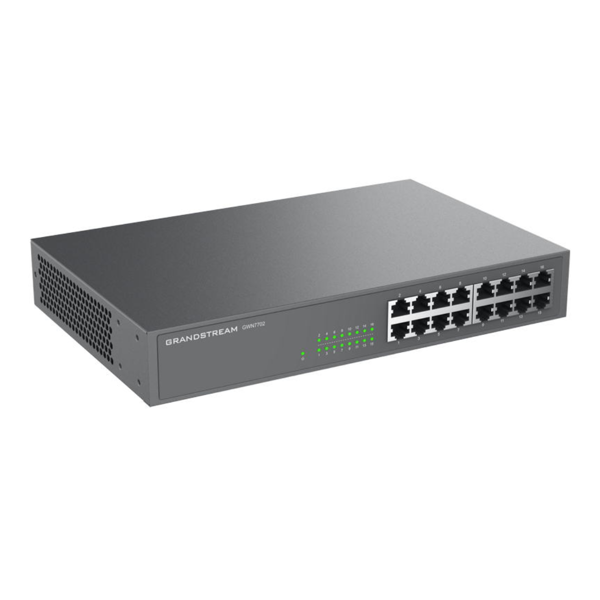 Switch di rete grigio con porte multiple, marchio Grandstream. Sfondo bianco.