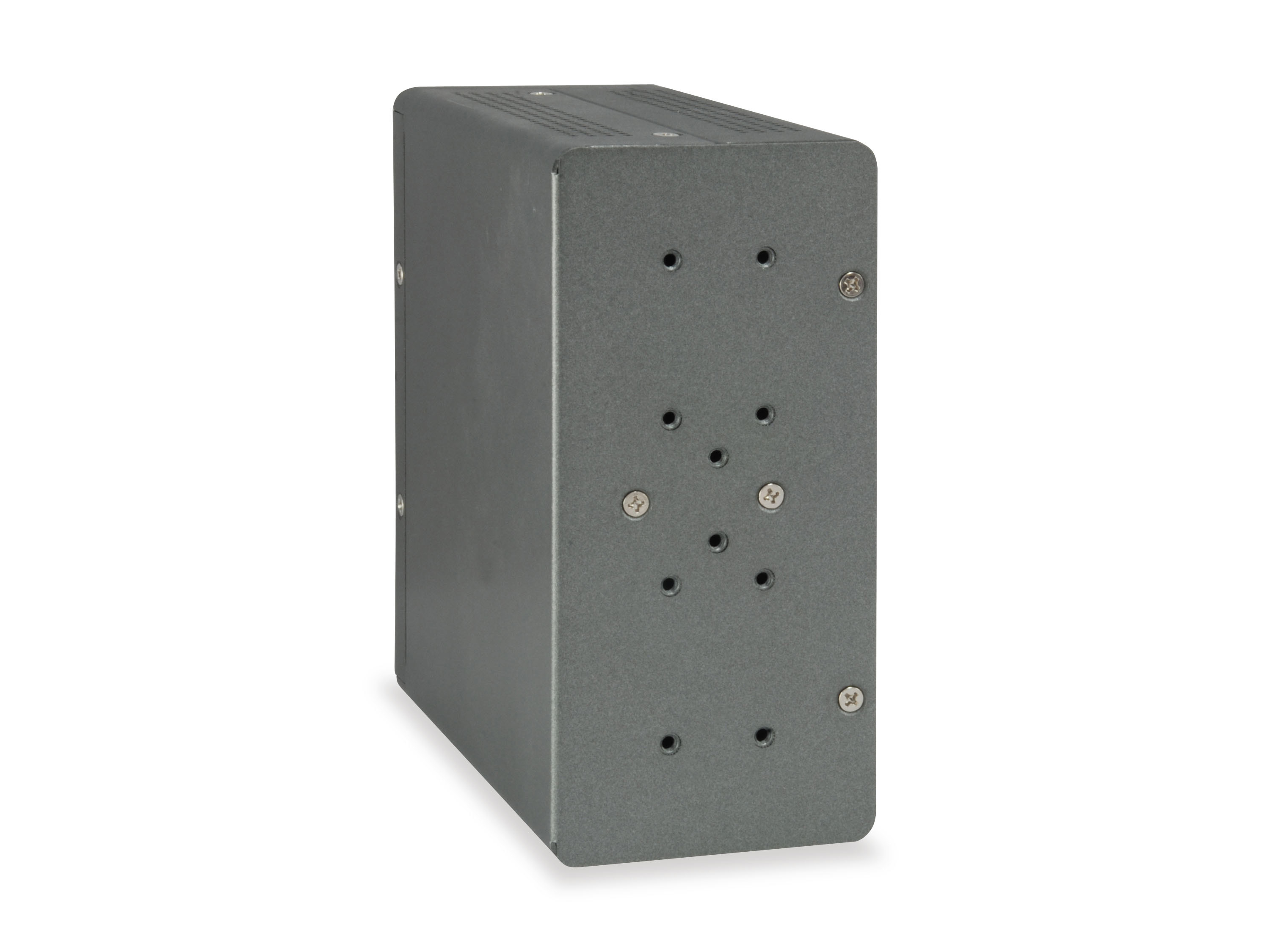 Dispositivo metallico grigio con fori per viti. Il dispositivo ha una forma rettangolare. Sfondo bianco.
