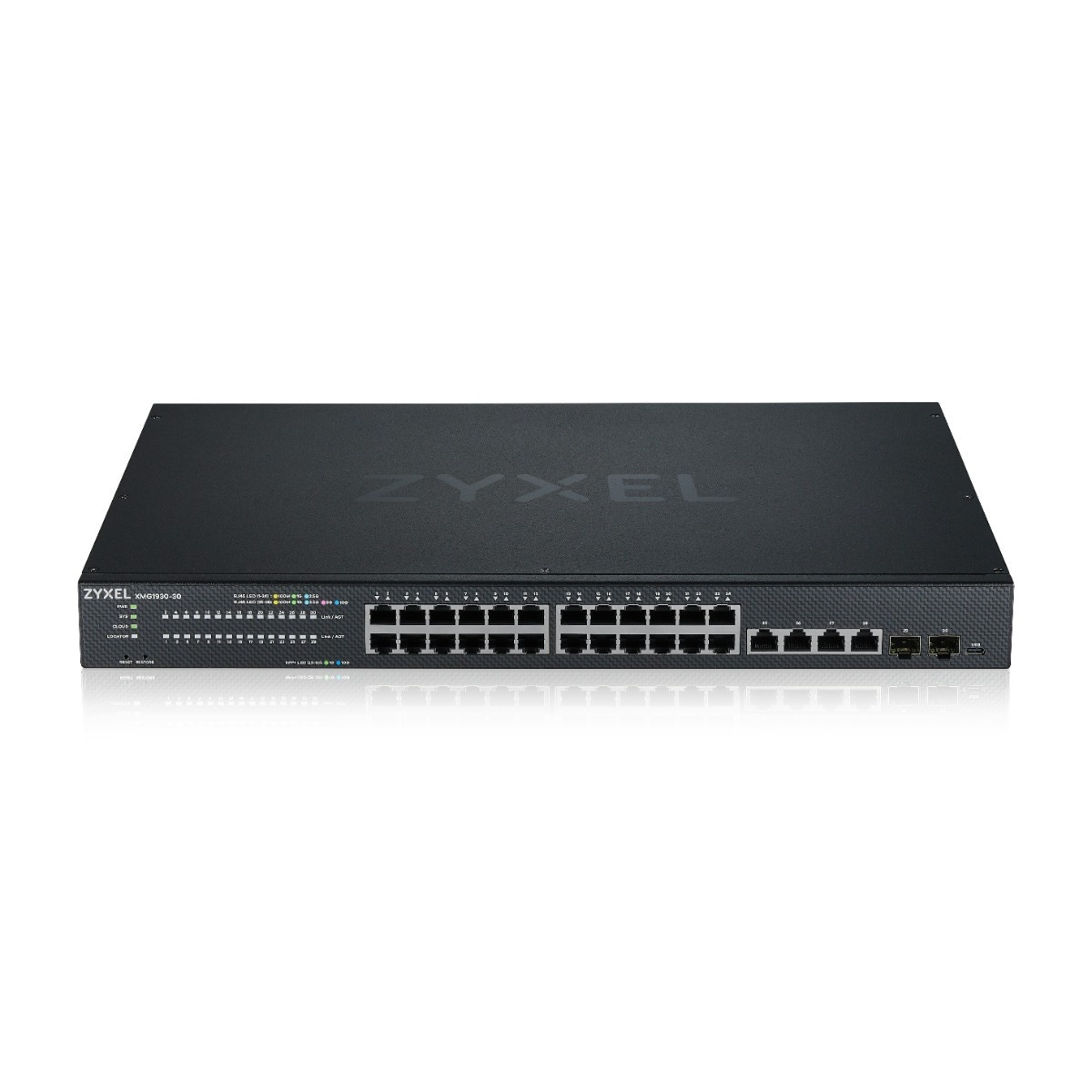 Switch di rete nero con molte porte, marchio Zyxel. Sfondo bianco.