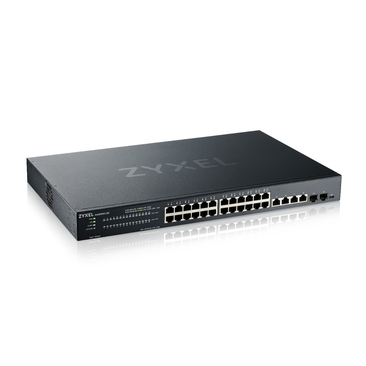 Switch di rete nero, etichettato 'ZYXEL'. Multiple porte di connessione sul fronte.