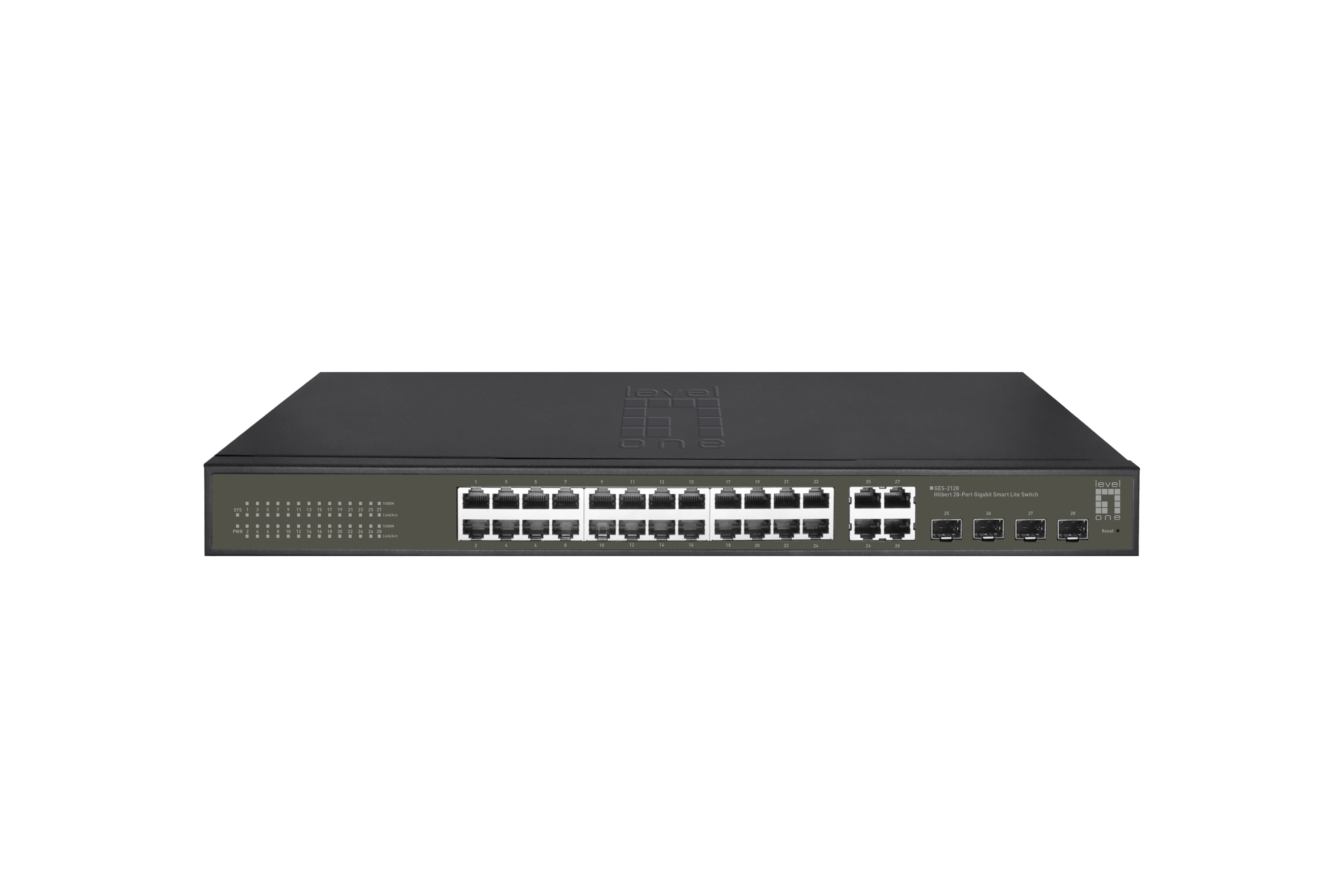Switch di rete nero con 24 porte. Marchio visibile. Sfondo bianco.