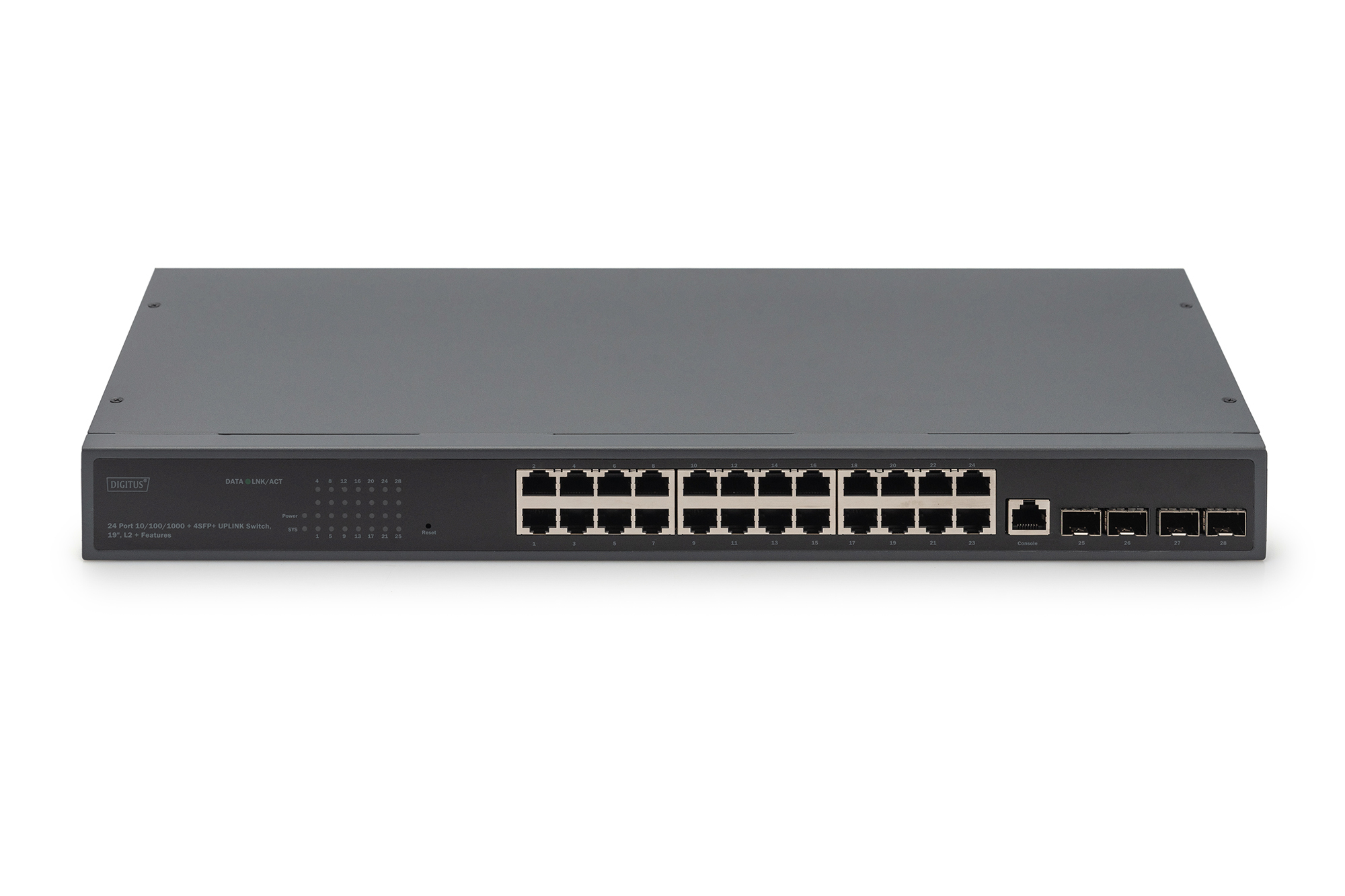 Switch di rete Digitus nero con 24 porte. Vista frontale, sfondo bianco.