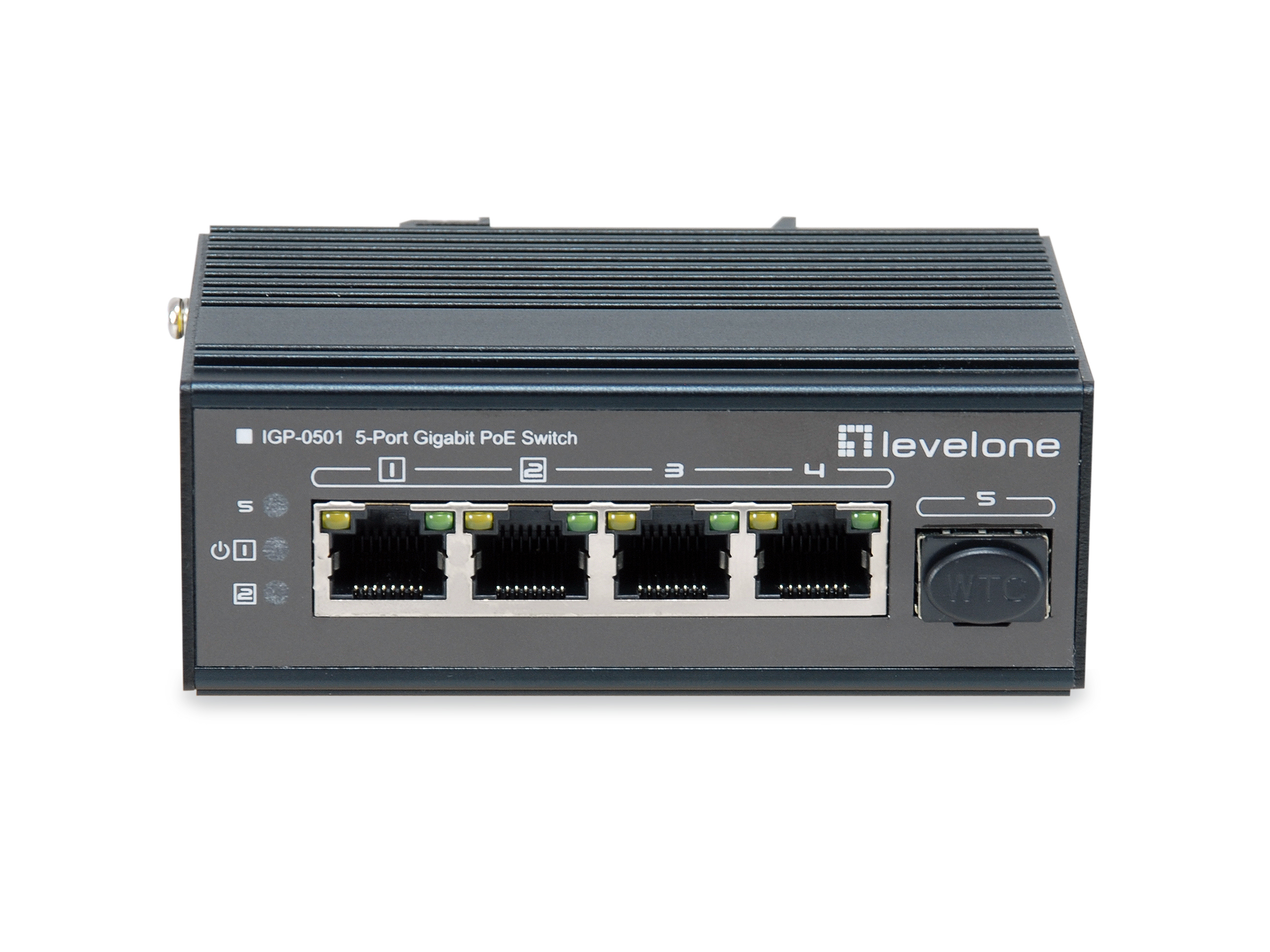 Switch PoE Gigabit a 5 porte LevelOne nero. Ha 5 porte Ethernet, con marchio visibile.