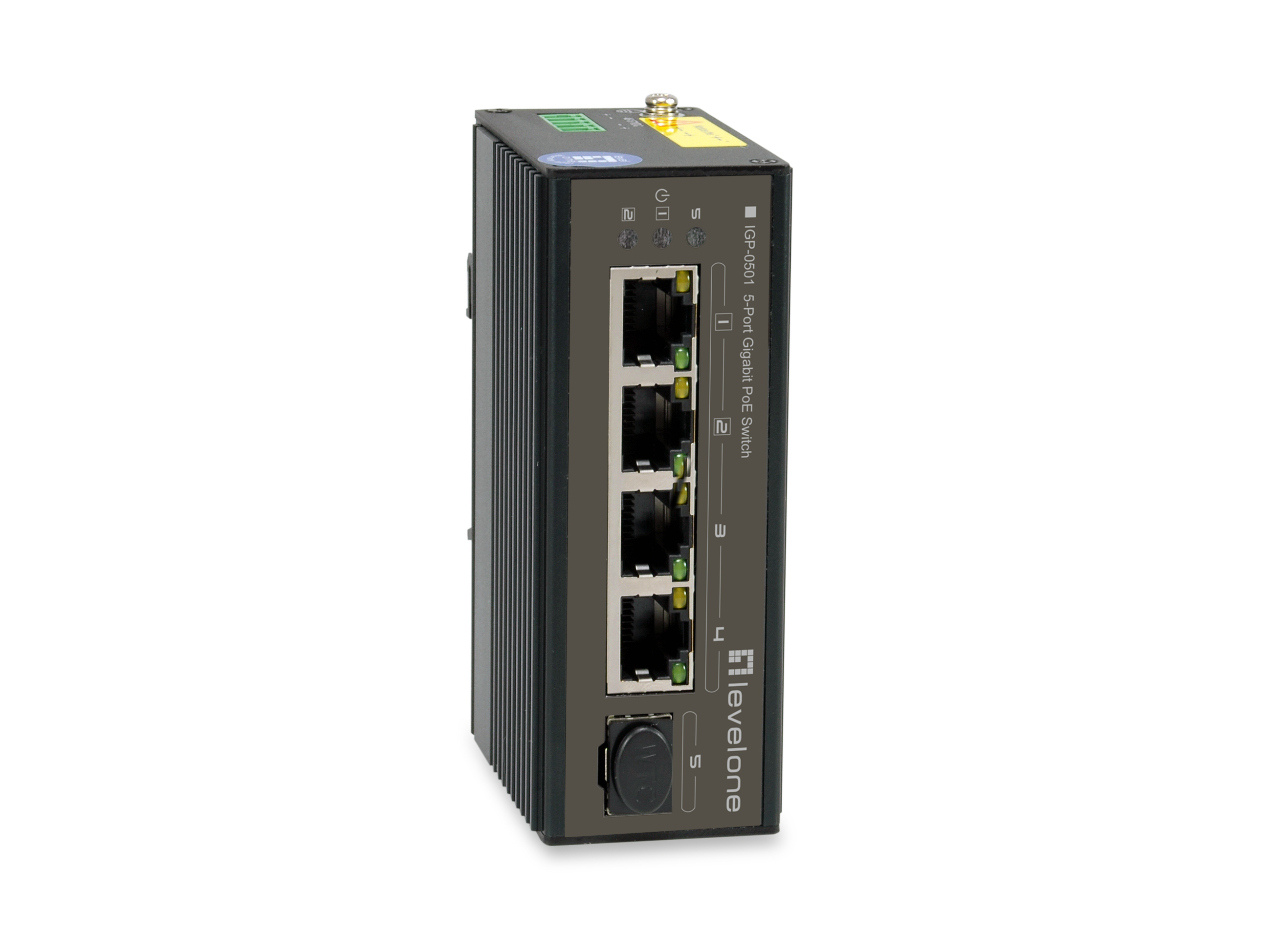 Switch PoE Gigabit a 5 porte LevelOne nero. Vista laterale con porte e marchio.
