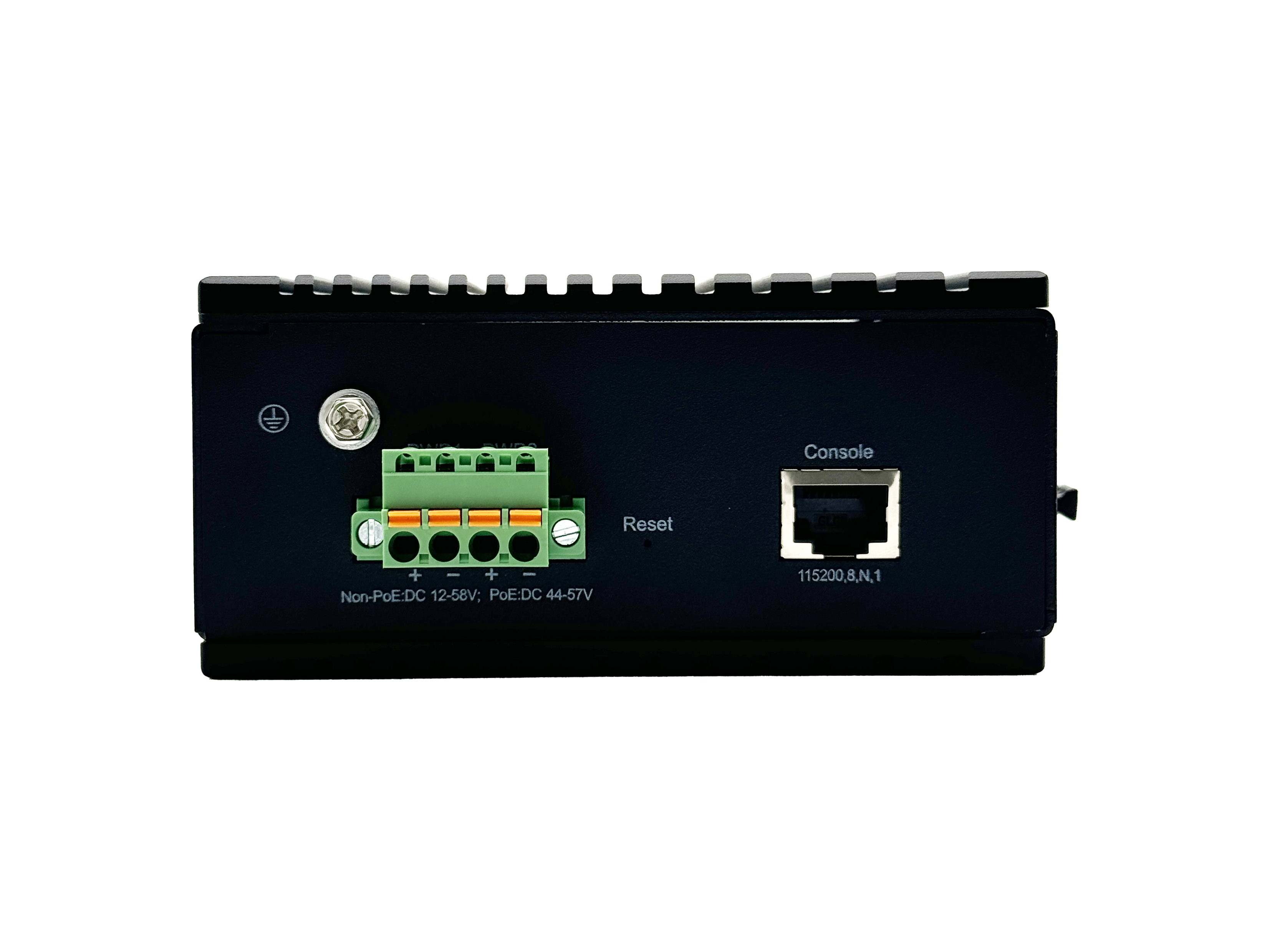 Vista posteriore del dispositivo di rete nero. Connettori, porta console e reset.