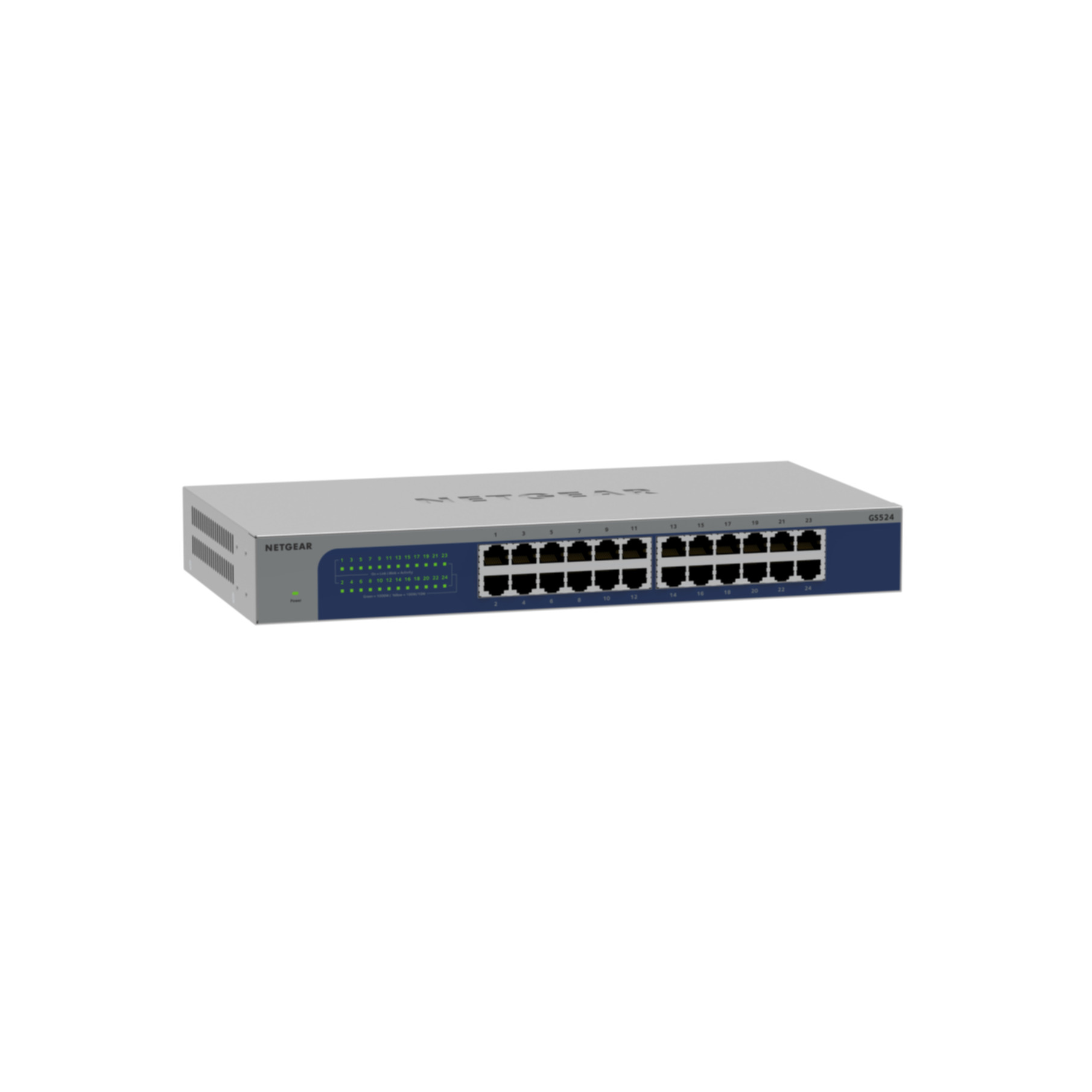 Niebiesko-szary przełącznik sieciowy z portami. Etykieta to NETGEAR. Białe tło.