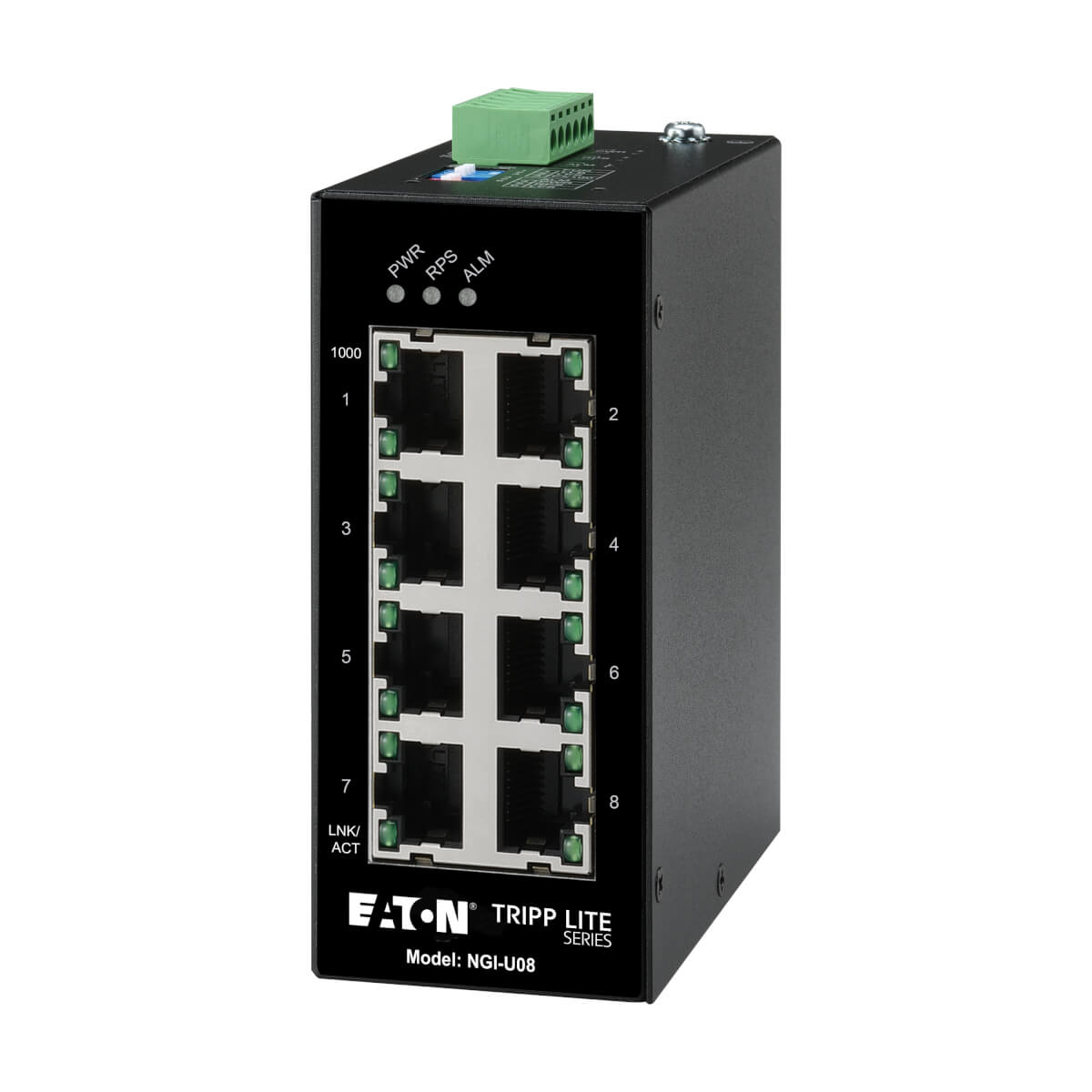 Switch di rete nero con porte. L'etichetta è EATON. Sfondo bianco.