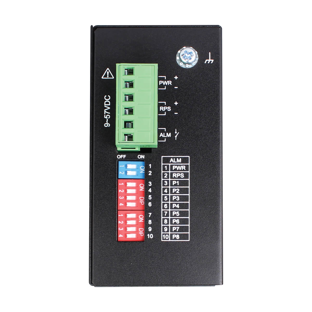 Dispositivo nero con connettore verde e indicazioni di impostazione. Sfondo bianco.