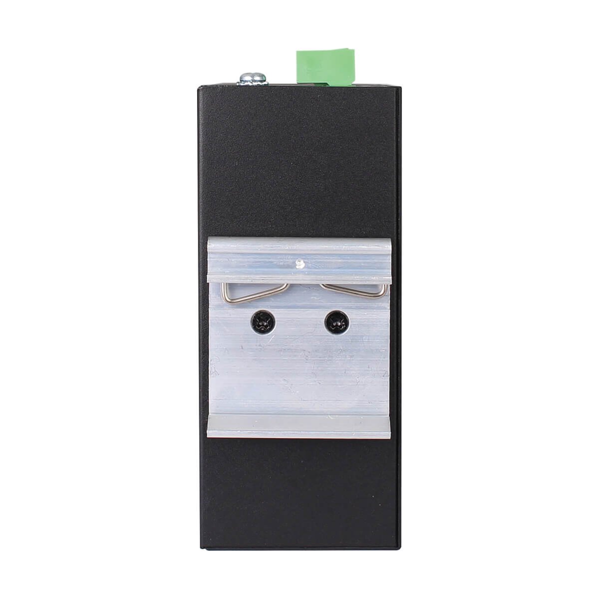 Dispositivo nero con connettore verde e staffa argentata. Sfondo bianco.