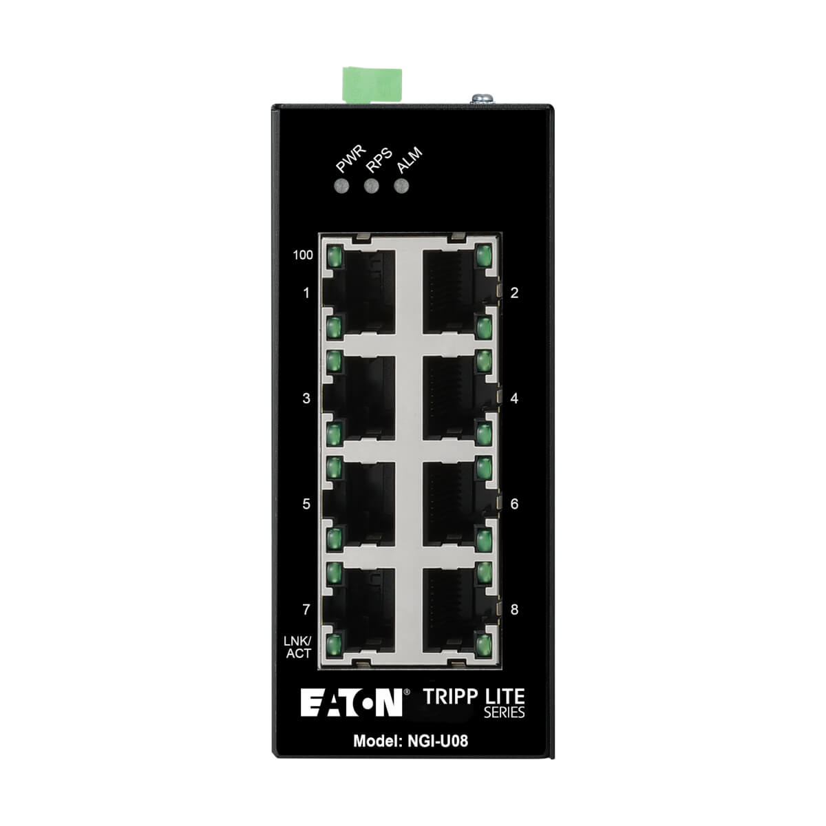 Switch di rete nero con porte, luci e connettore verde. Sfondo bianco.