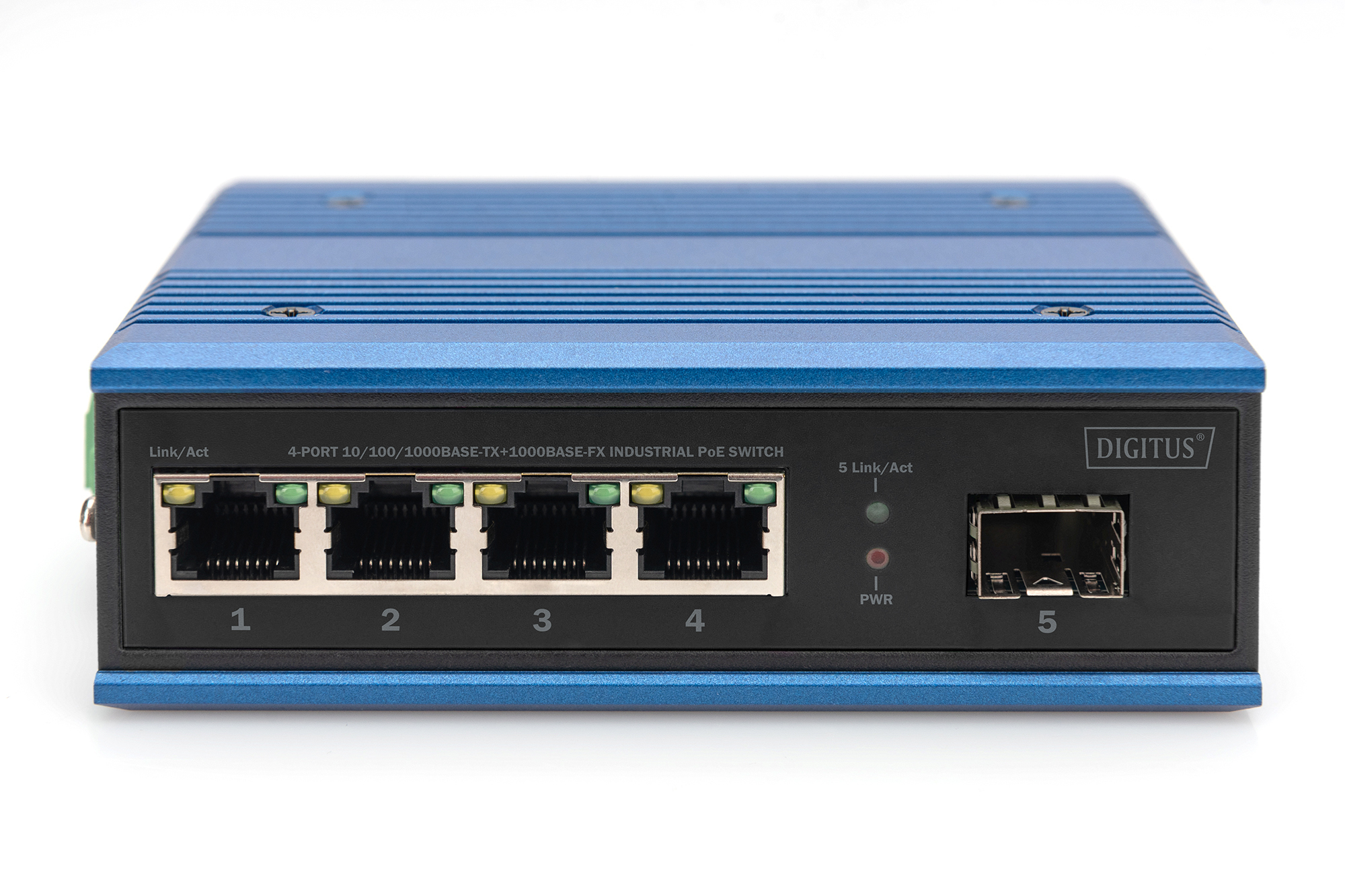 Switch Ethernet blu e nero, quattro porte, logo 'Digitus' ed etichette.