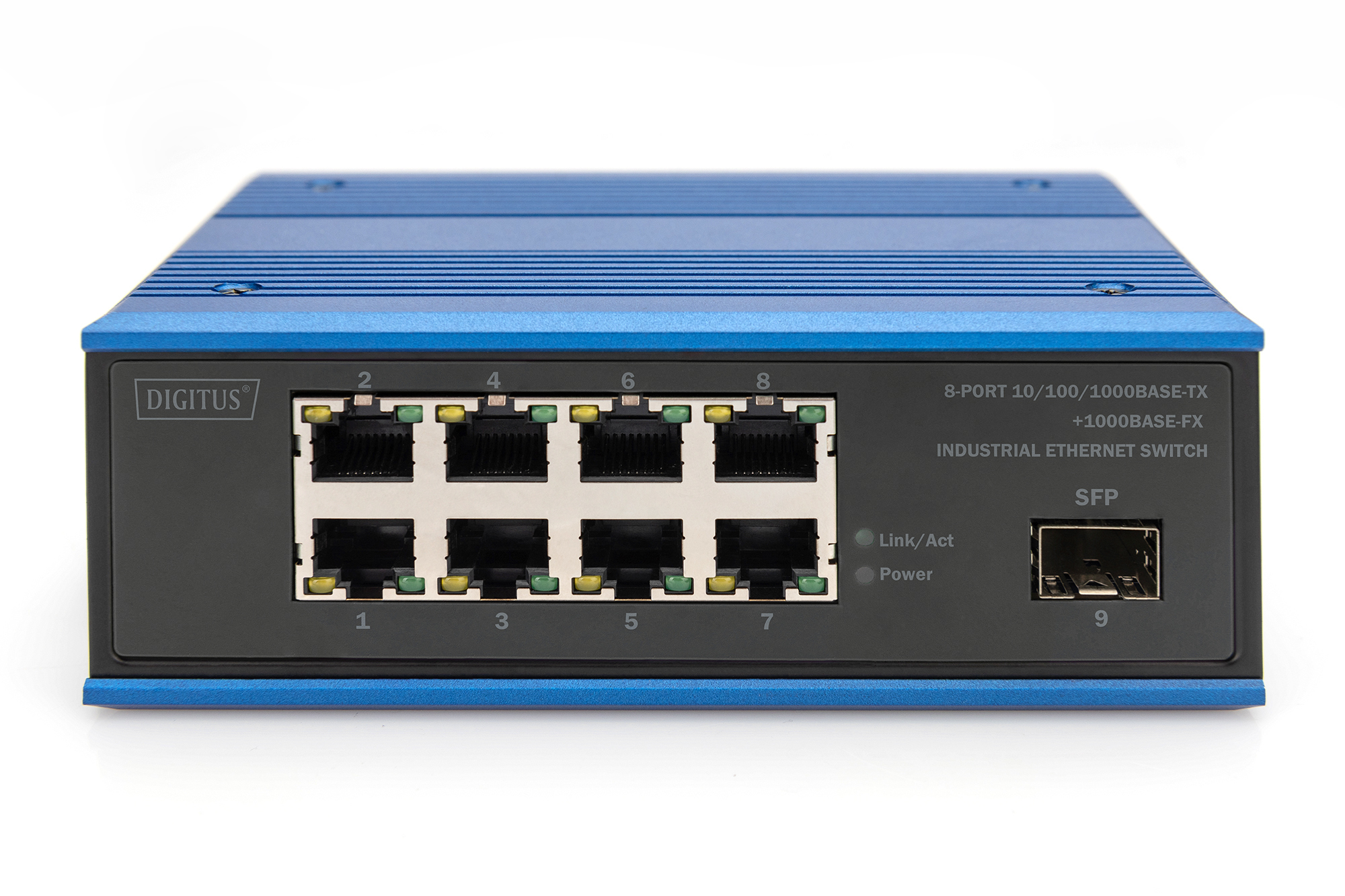 Switch Ethernet blu e nero, otto porte, logo 'Digitus' e porta SFP.