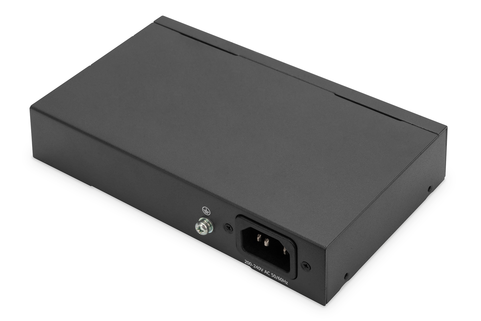 Retro di uno switch Ethernet nero con ingresso alimentazione.