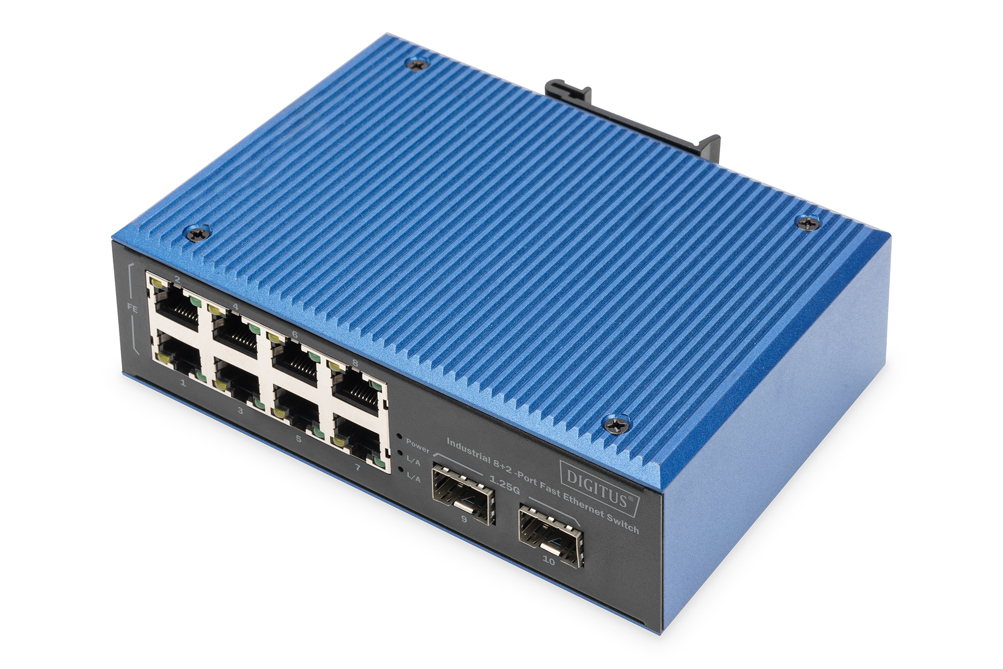 Switch Ethernet blu e nero con porte, logo 'Digitus' ed etichette.