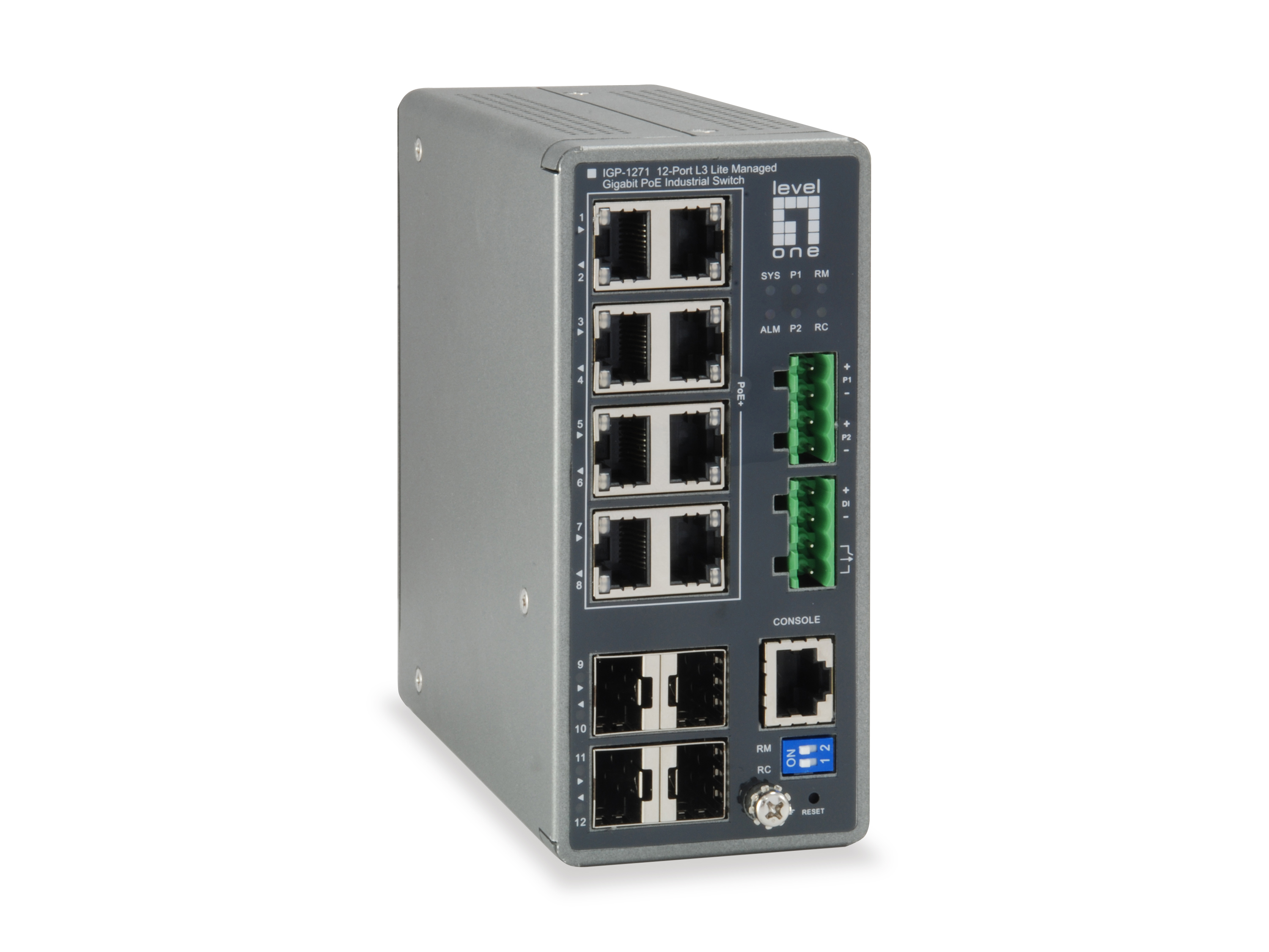 Switch Ethernet grigio con più porte ed etichette, su sfondo bianco.